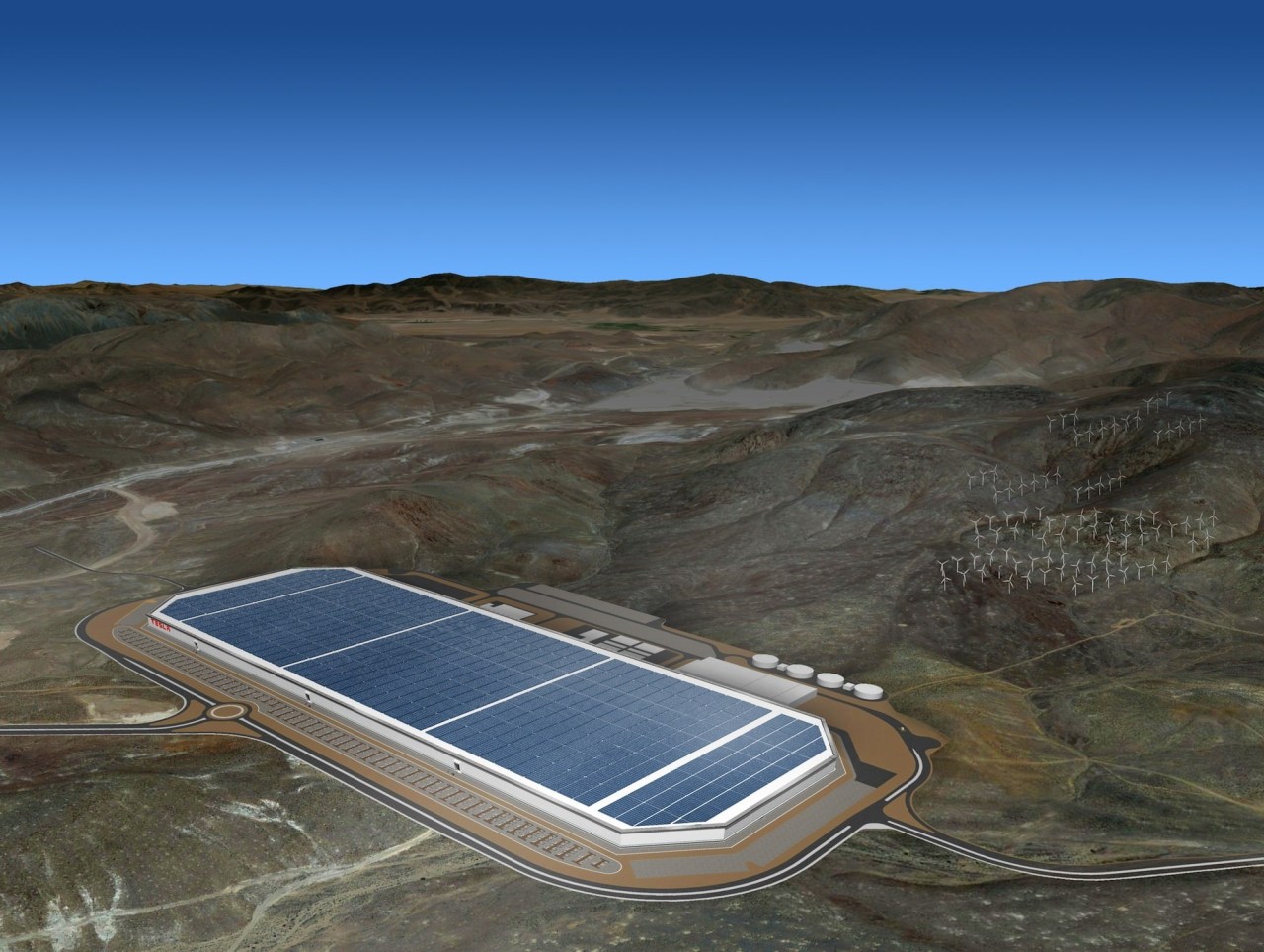 A concept render for the finished Gigafactory energy, sky, solar power, technology, water, water resources, black