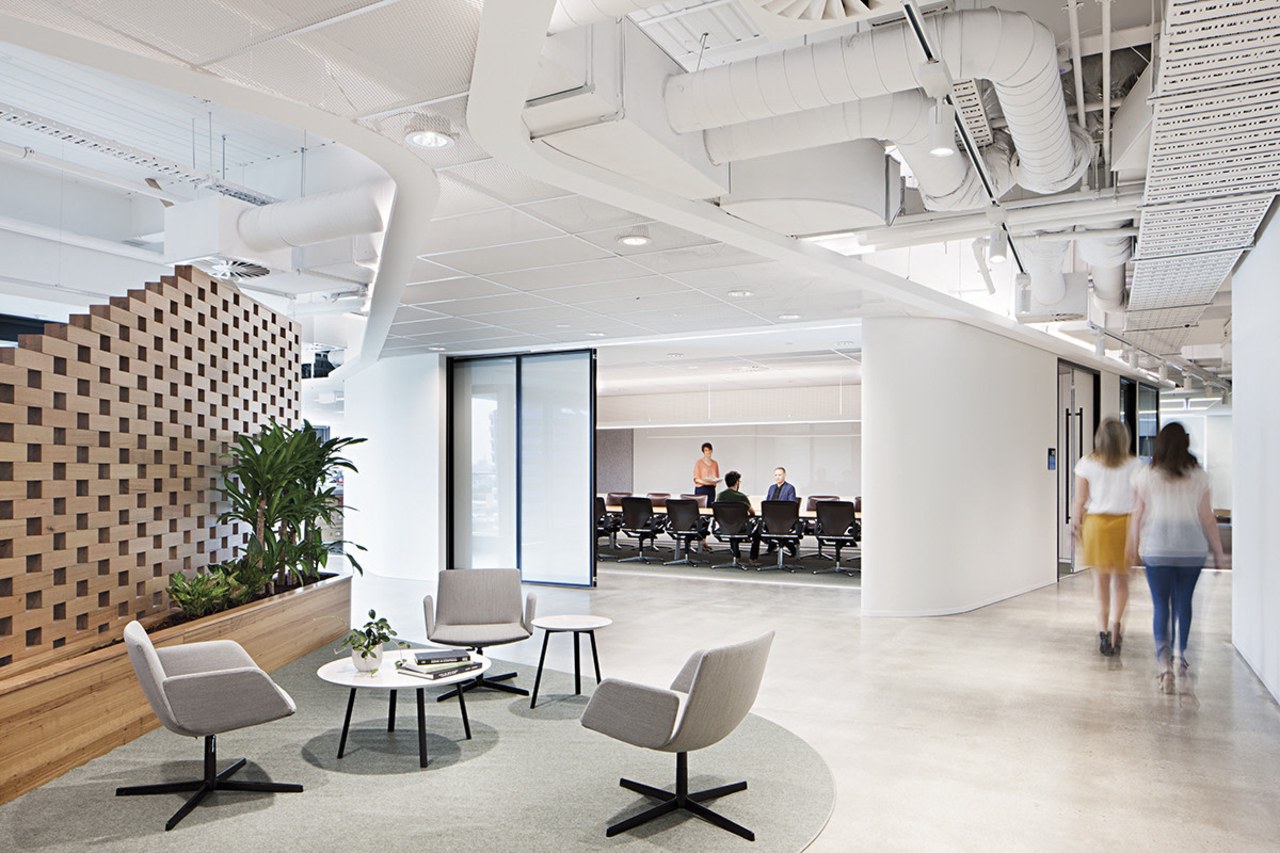 Beyond the central reception wall at ADCO Constructions’ architecture, ceiling, daylighting, interior design, lobby, office, gray