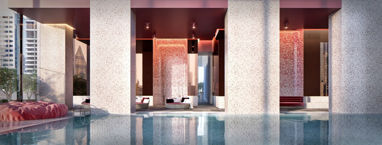 A view of the pool and accompanying areas interior design, lobby, structure, gray, white