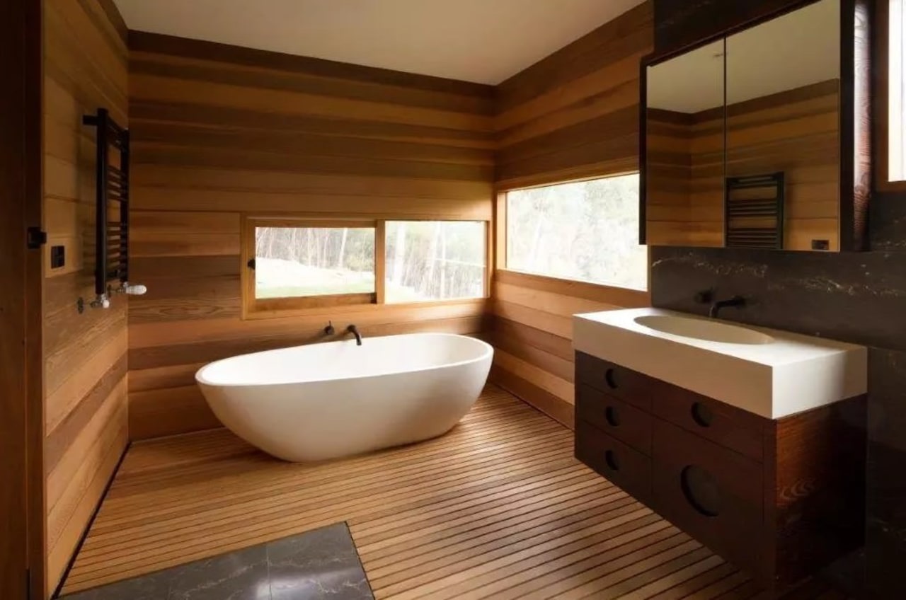 When creating a sustainable bathroom, try upcycling materials bathroom, floor, flooring, hardwood, interior design, room, wood, wood flooring, brown