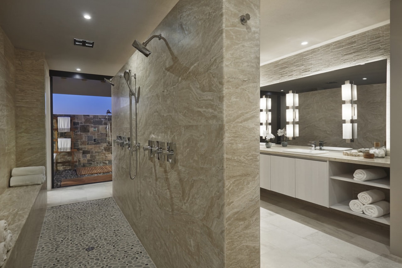 No shortage of shower options in this bathroom architecture, ceiling, countertop, floor, flooring, interior design, lobby, real estate, tile, wall, gray