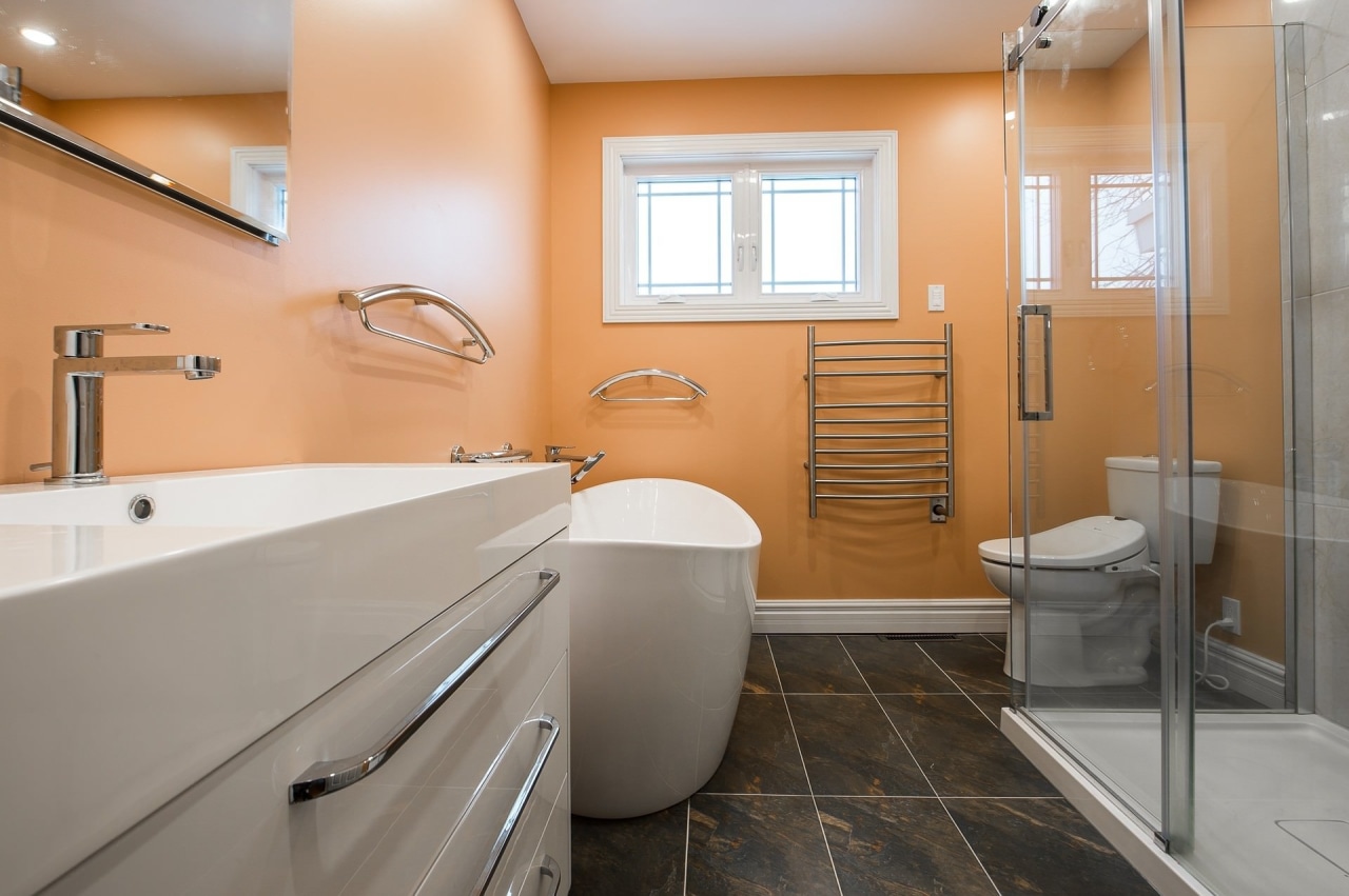 Increasing natural light is an effective way of bathroom, floor, home, interior design, real estate, room, gray, orange