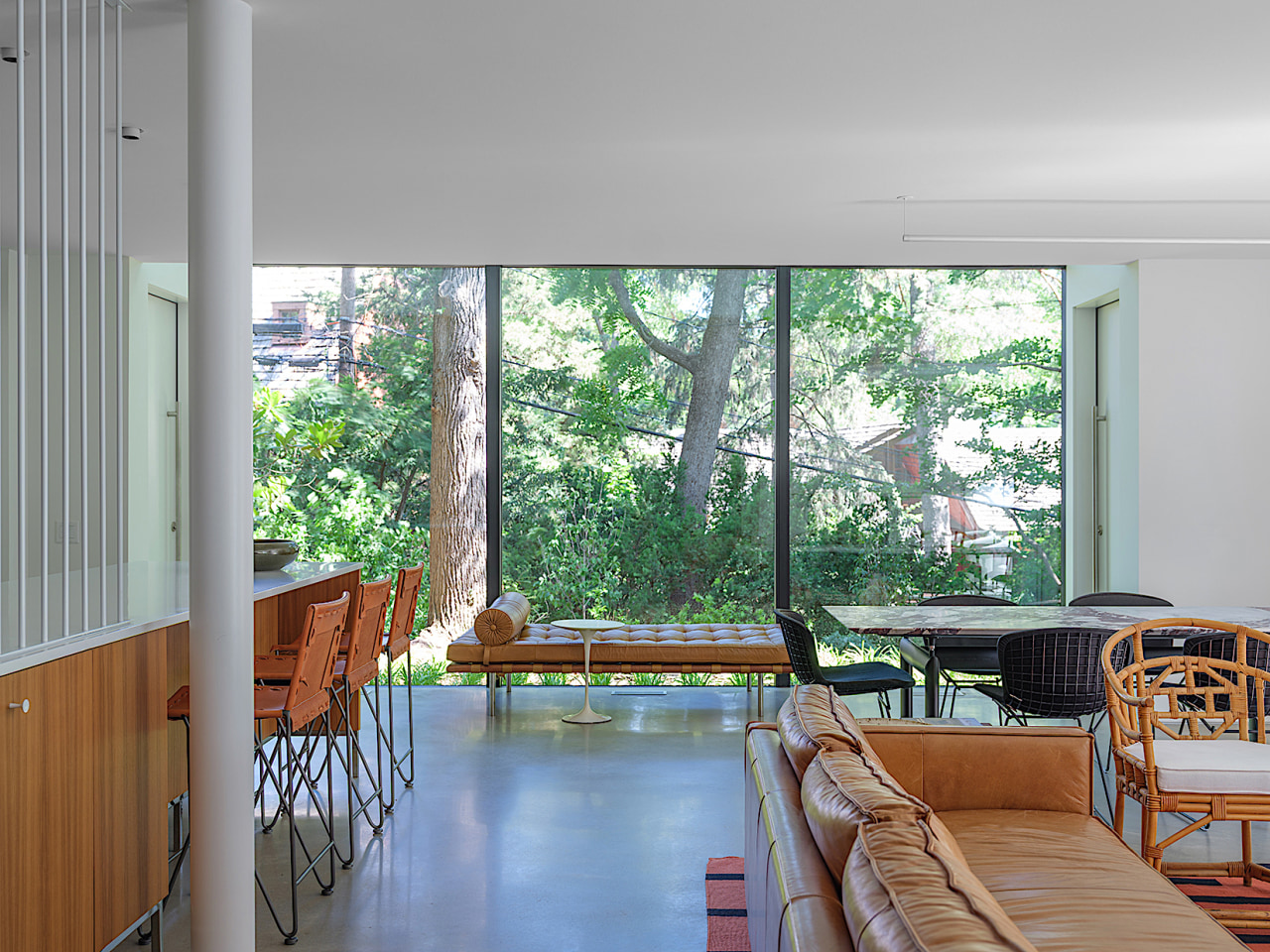 The new glass wall and leafy backyard views. 