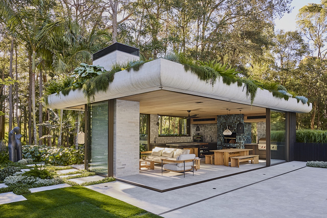 The outdoor pavilion introduces a strong architectural gesture 