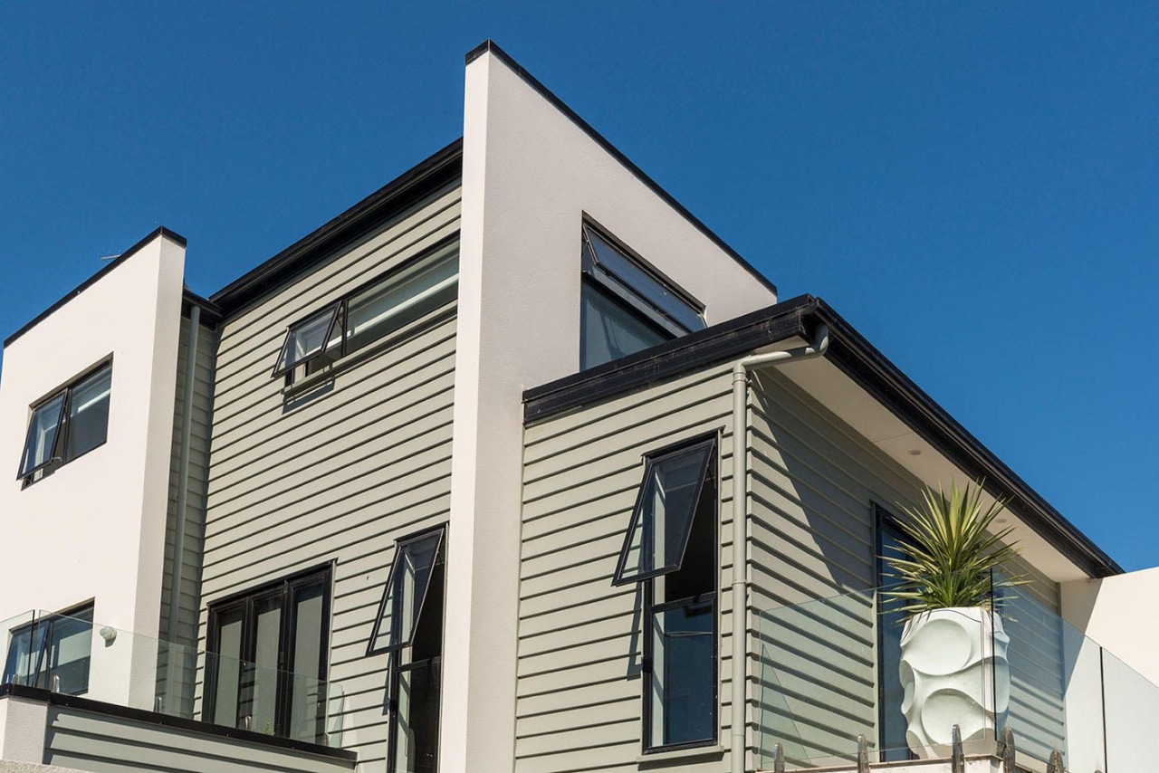 Envira bevel-back weatherboards on city apartment - architecture architecture, building, commercial building, elevation, facade, home, house, property, real estate, residential area, roof, siding, window, blue, white