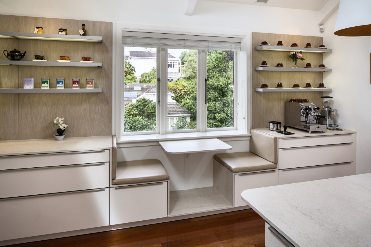 Kitchen design by Damian Hannah, German Kitchens cabinetry, countertop, furniture, interior design, kitchen, shelf, shelving, gray