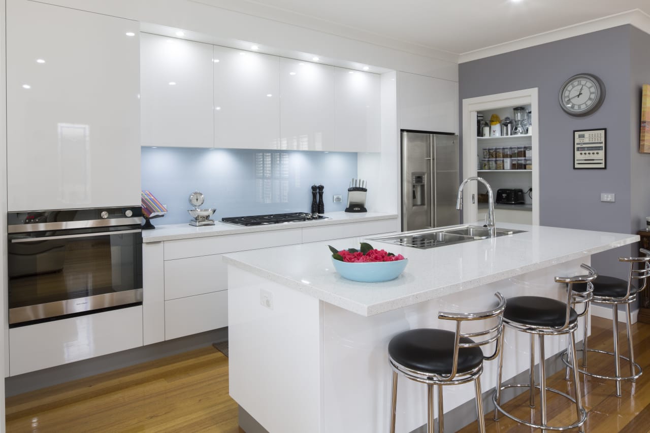 Sleek Contemporary White Kitchen With Pale Blue Trends