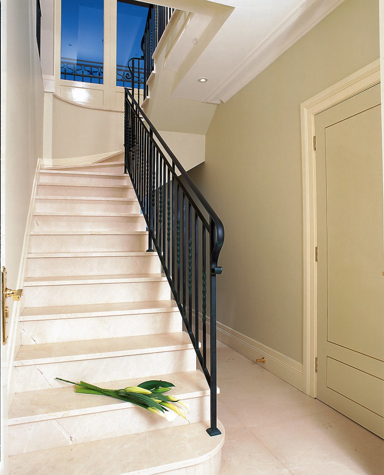 First Quality Crema Marfil stairs from N&amp; F baluster, floor, flooring, handrail, home, house, property, real estate, stairs, wall, white