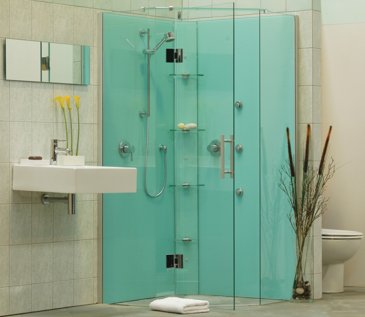 The view of a shower bathroom, plumbing fixture, shower, shower door, teal, yellow