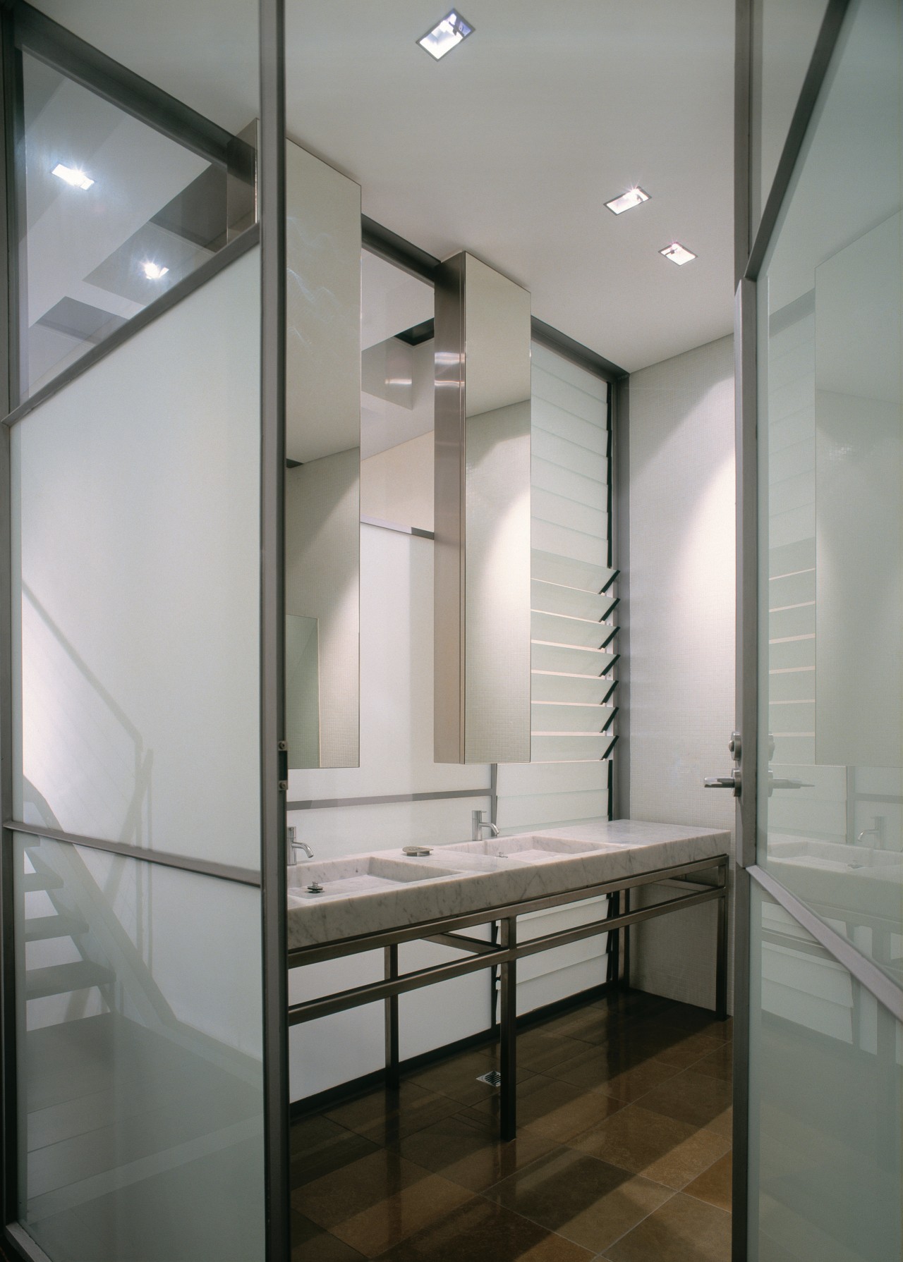 The view through the doorway of a basin architecture, bathroom, ceiling, daylighting, floor, glass, interior design, room, sink, gray