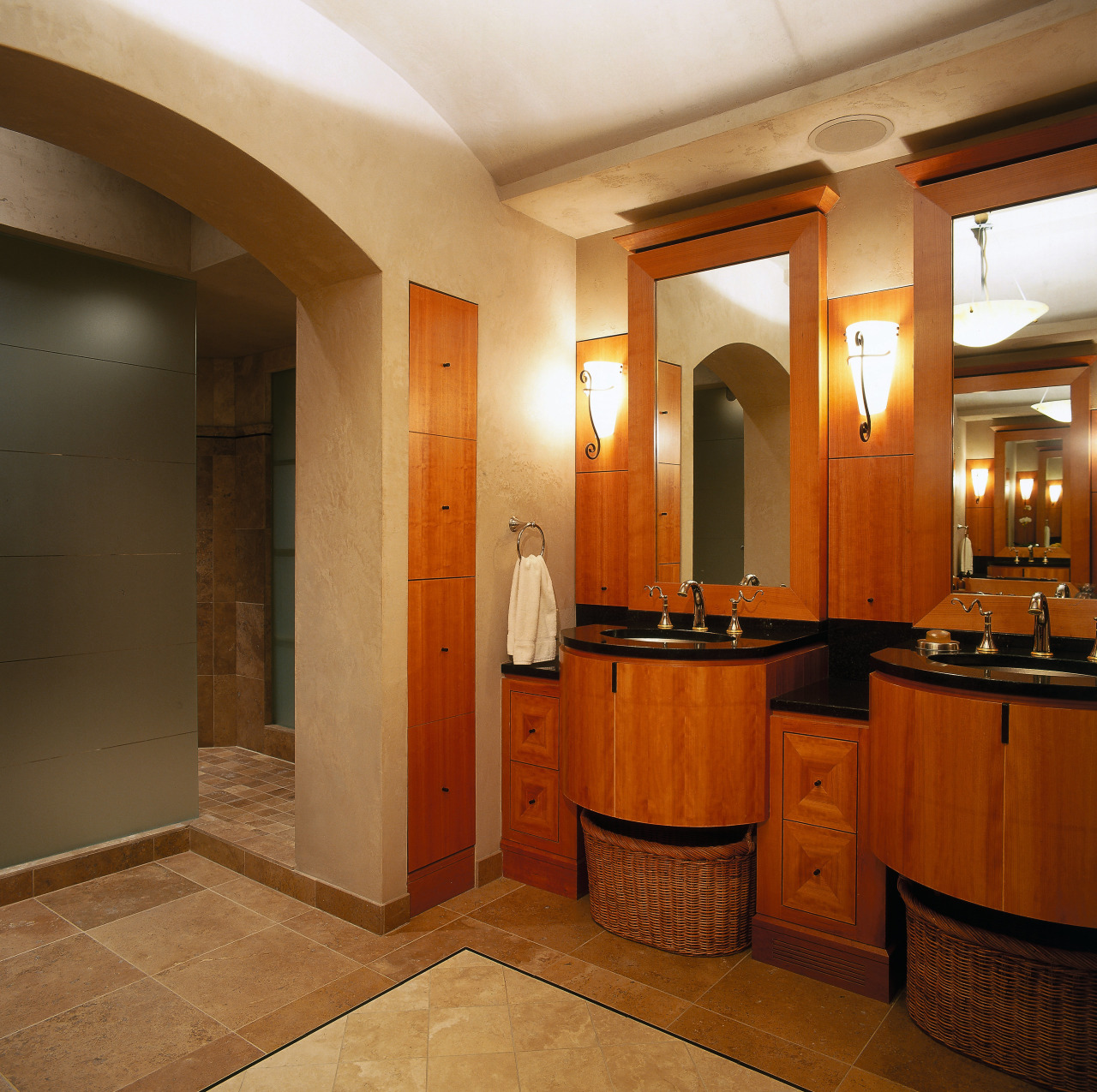 The view of twin basins in a luxurious bathroom, ceiling, floor, flooring, interior design, lobby, real estate, room, brown