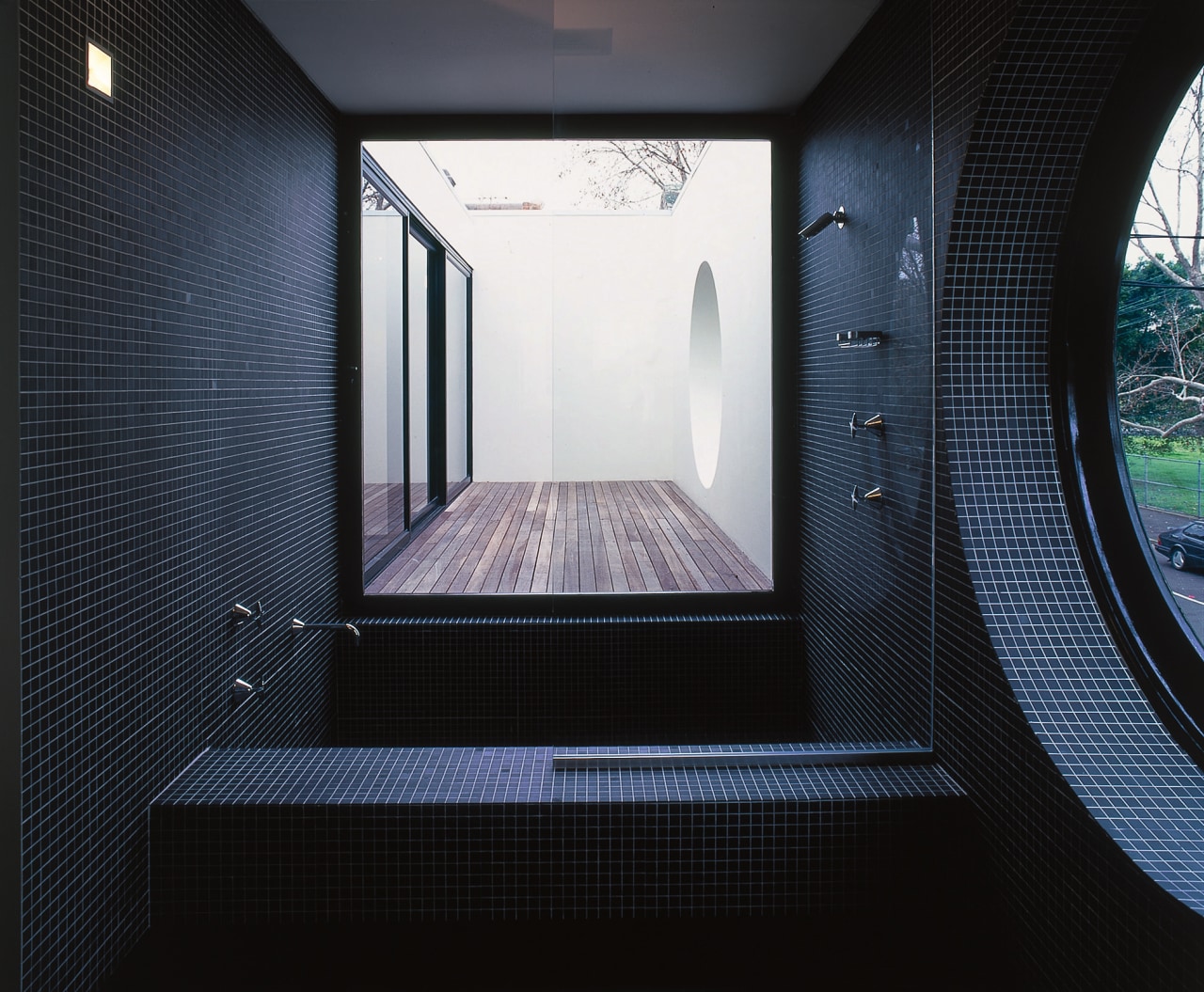 The view of the shower overlooking a patio architecture, daylighting, glass, interior design, window, black