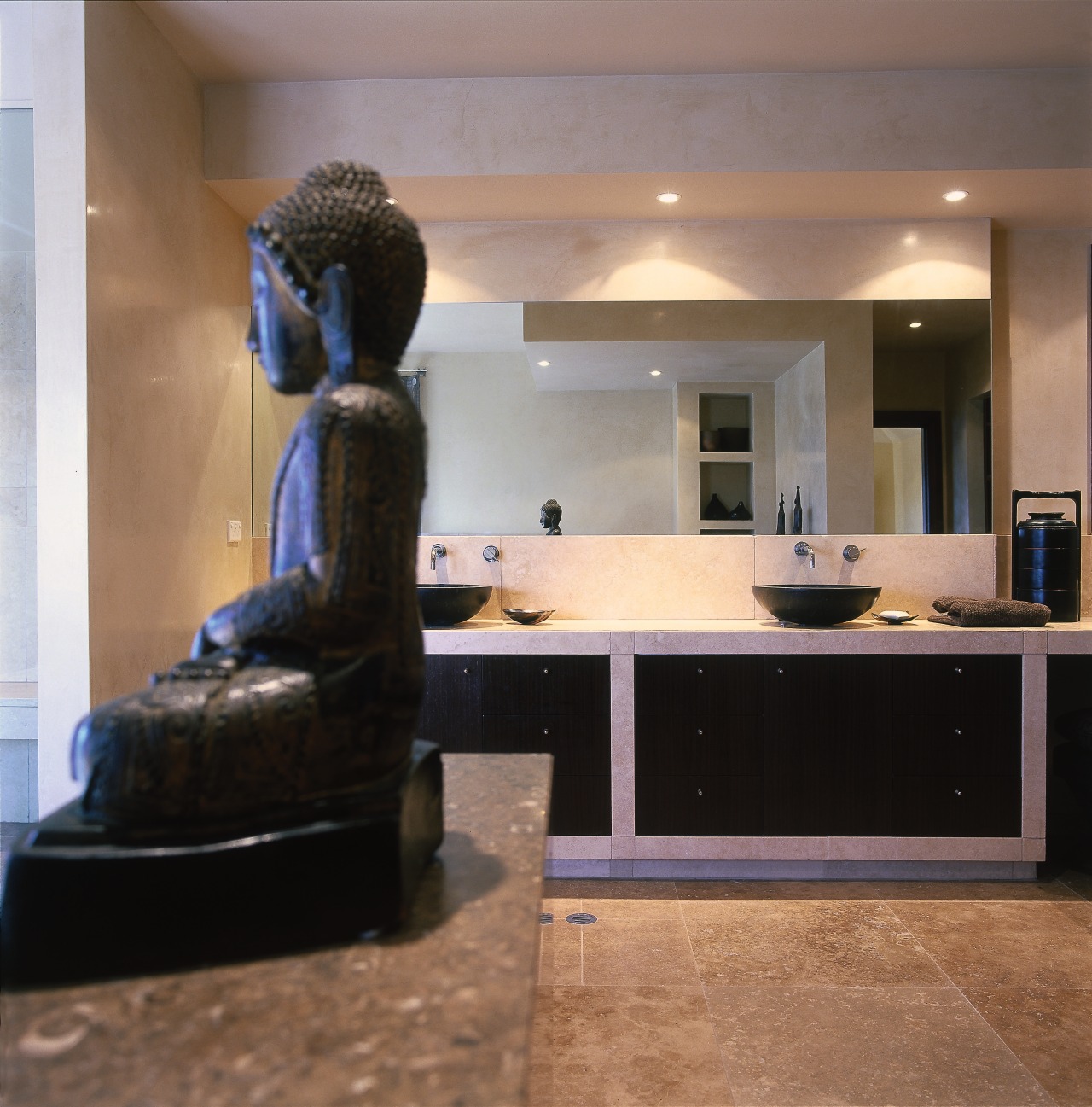 The view of twin basins countertop, floor, flooring, interior design, room, table, gray, brown