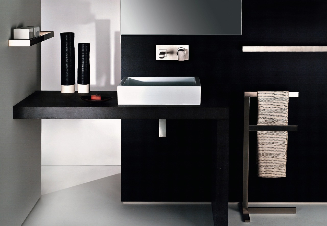 view of the stainless steel gessi tapware bathroom, bathroom accessory, bathroom cabinet, desk, furniture, product design, shelf, shelving, sink, table, tap, black