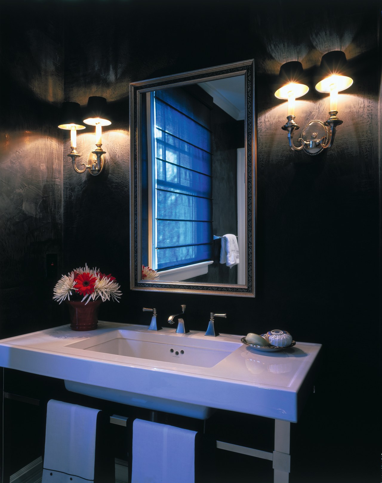 The detail of a vanity unit bathroom, interior design, lighting, room, window, black