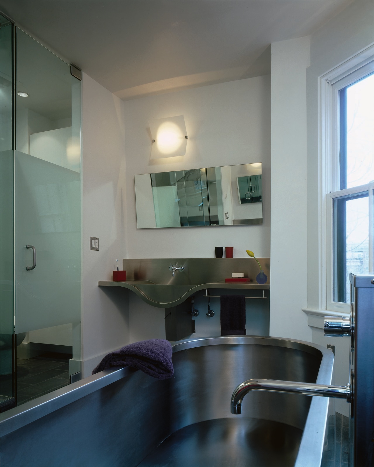 The view of a bathroom overlooking a bath architecture, bathroom, countertop, home, house, interior design, kitchen, real estate, room, window, gray, black