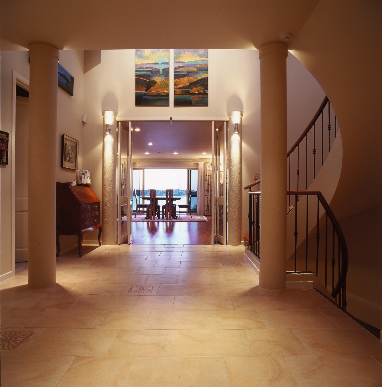 Grand entrance to this home with floor tiles, apartment, ceiling, estate, floor, flooring, hall, hardwood, interior design, lobby, property, real estate, wood flooring, brown