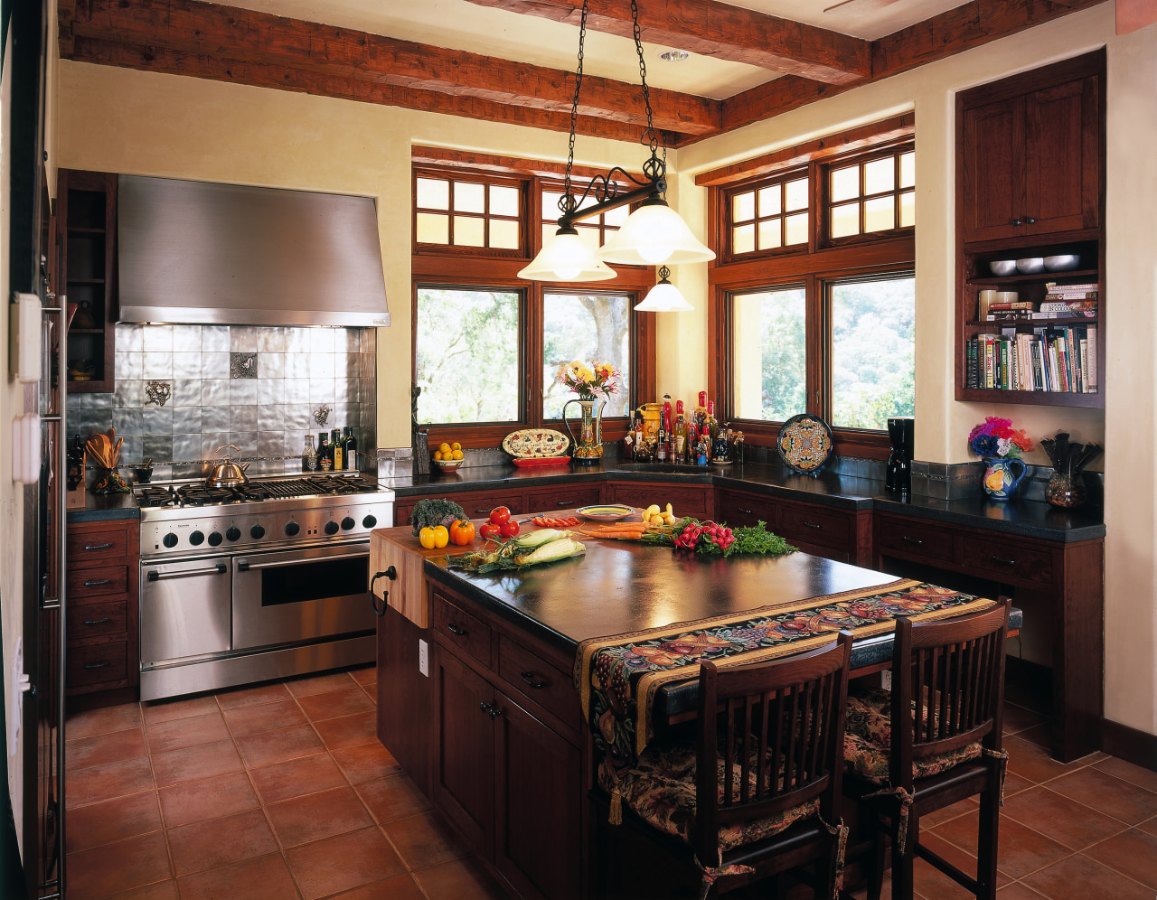 Traditional style kitchen with dark timber cabinetry and cabinetry, countertop, cuisine classique, estate, interior design, kitchen, real estate, room, window, red