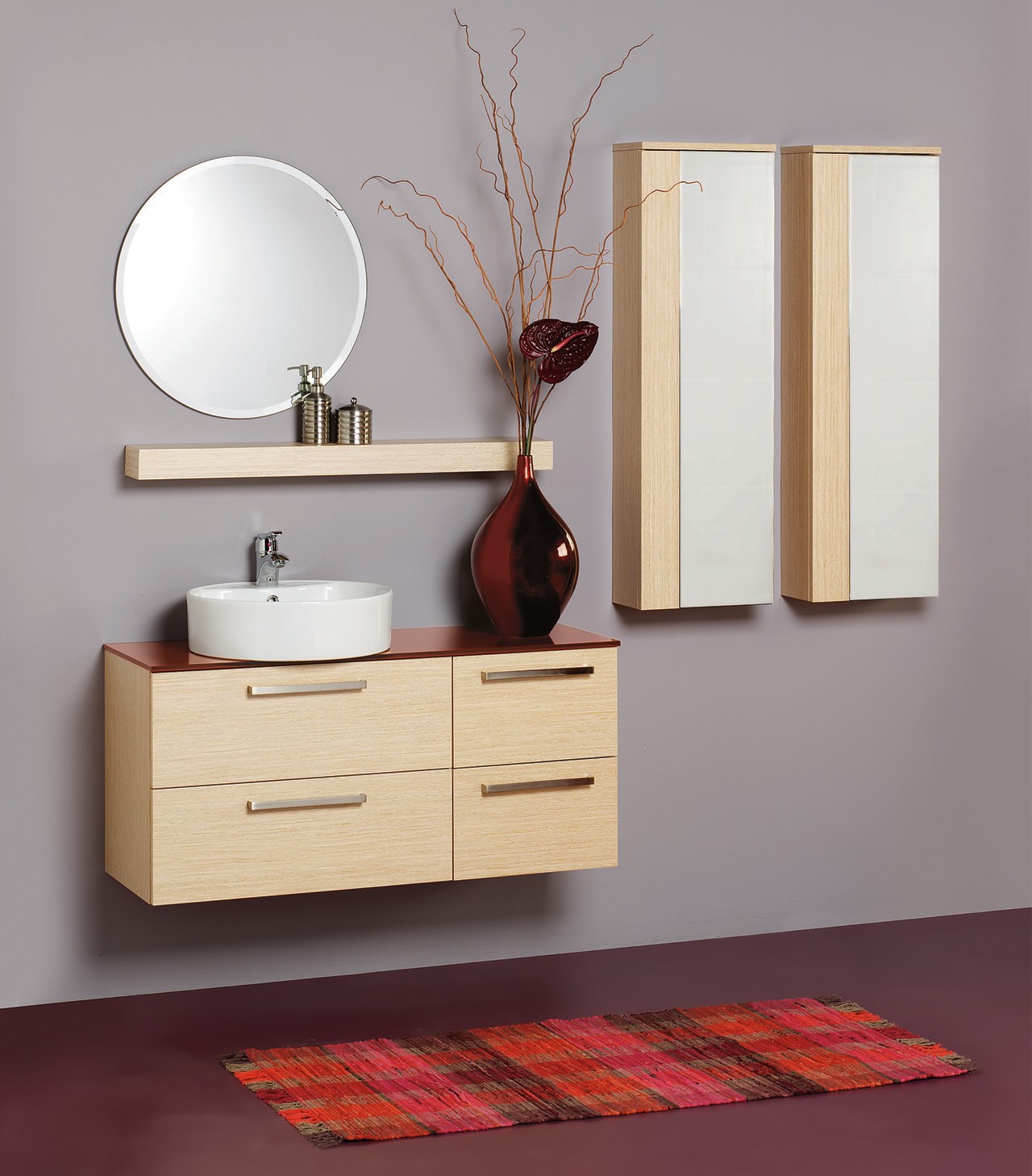 Bathroom with cream wall hung vanity unit with bathroom, bathroom accessory, bathroom cabinet, chest of drawers, drawer, floor, furniture, interior design, plumbing fixture, product, product design, room, shelf, sink, tap, gray