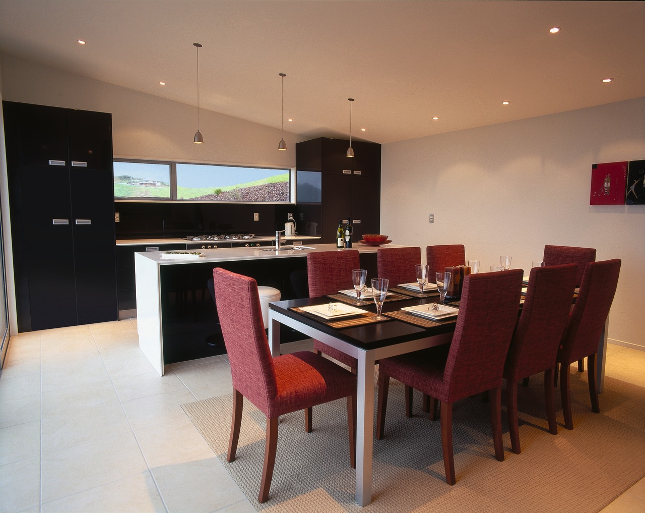 Kitchen and dining area with black and white dining room, flooring, interior design, kitchen, property, real estate, room, table