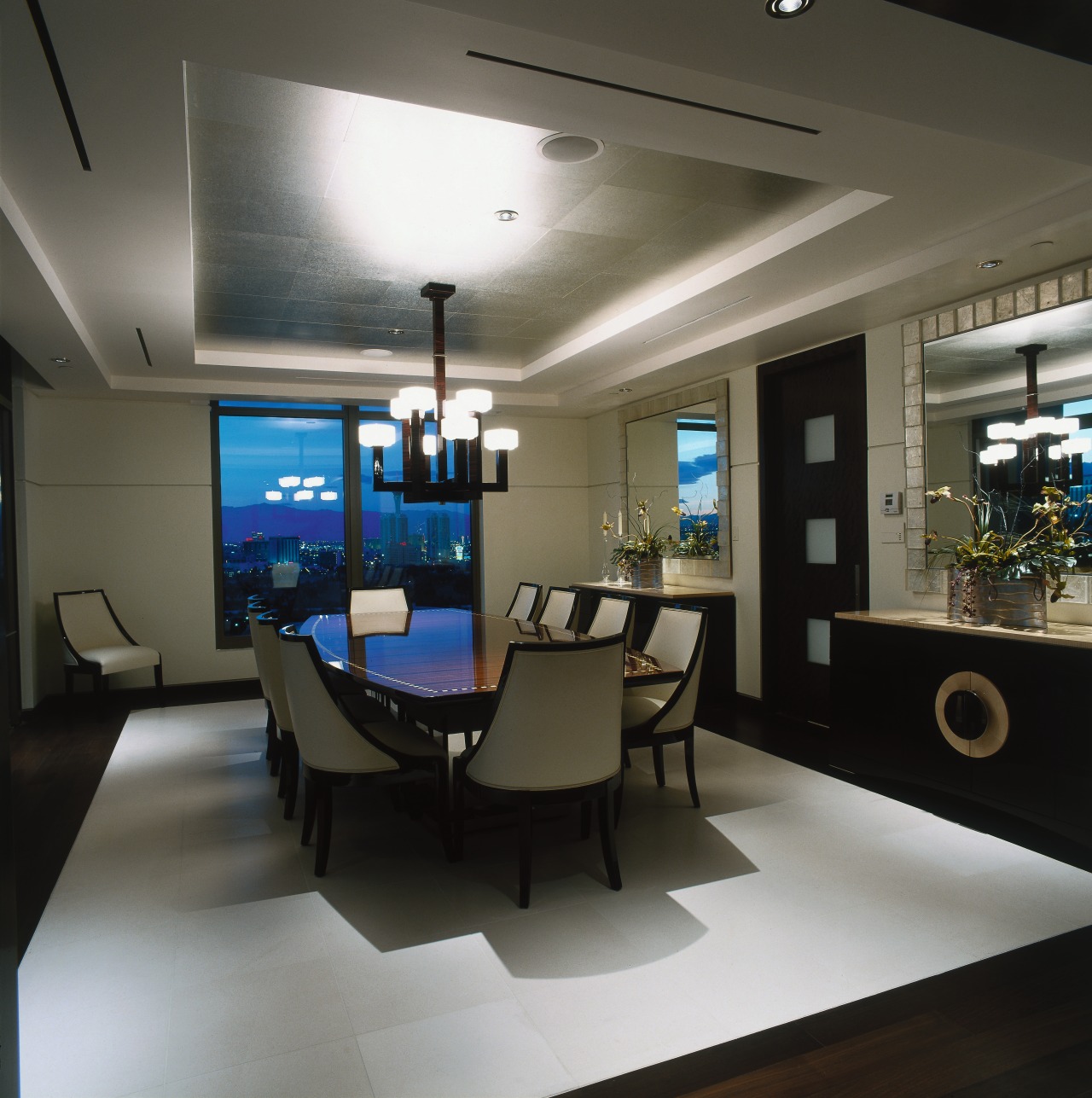 View of this dining area ceiling, interior design, office, gray, black