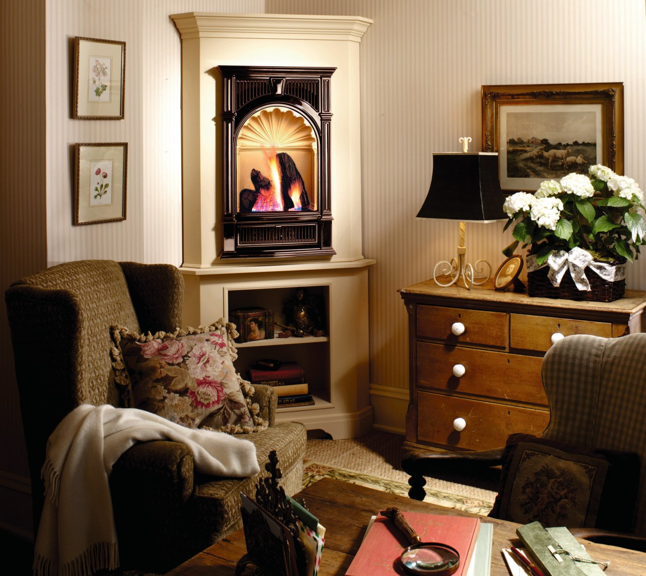 View of the fireplace within this home furniture, home, interior design, living room, room, brown, orange, black