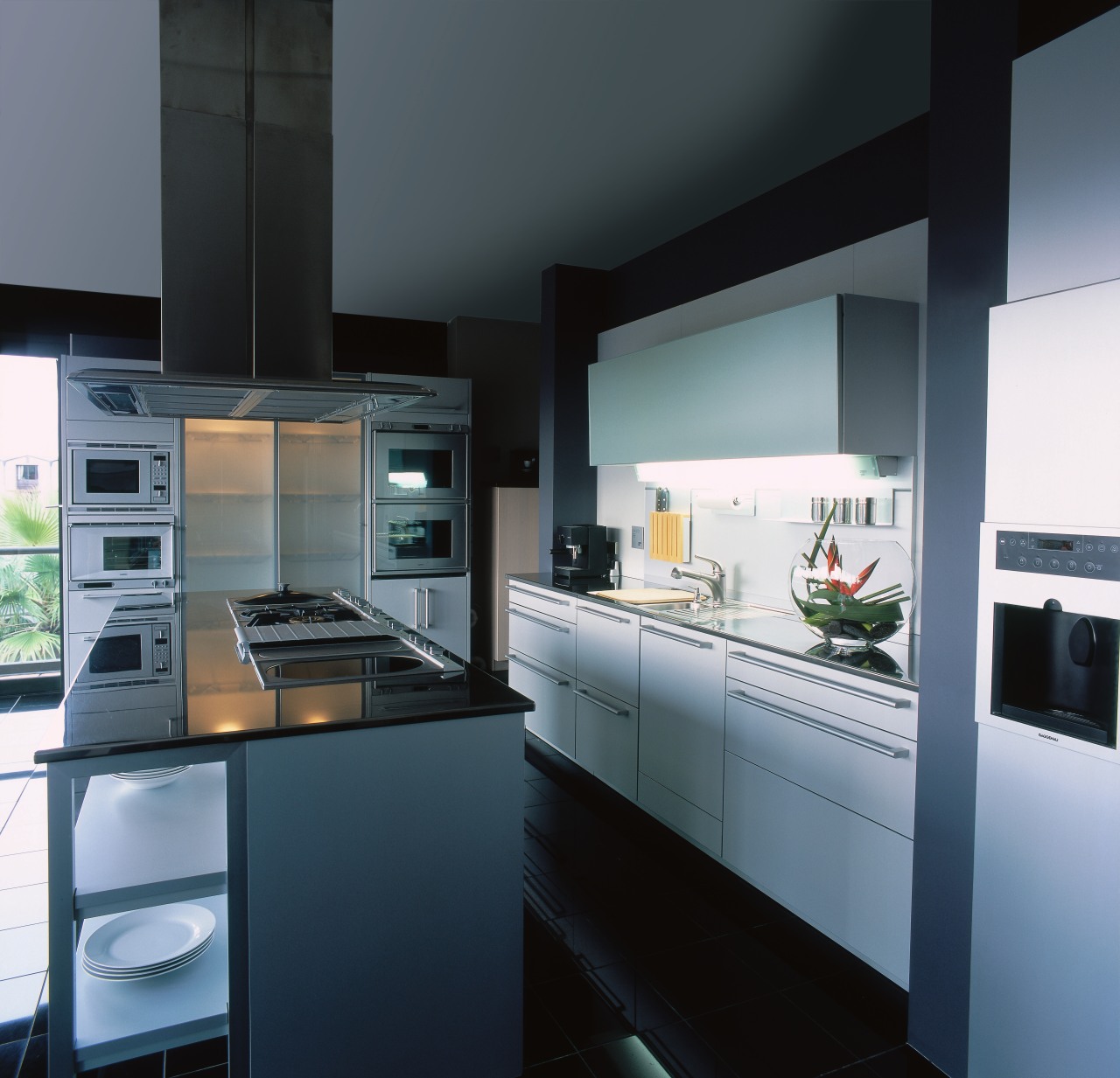 View of this contemporary kitchen countertop, cuisine classique, home appliance, interior design, kitchen, kitchen appliance, black, gray