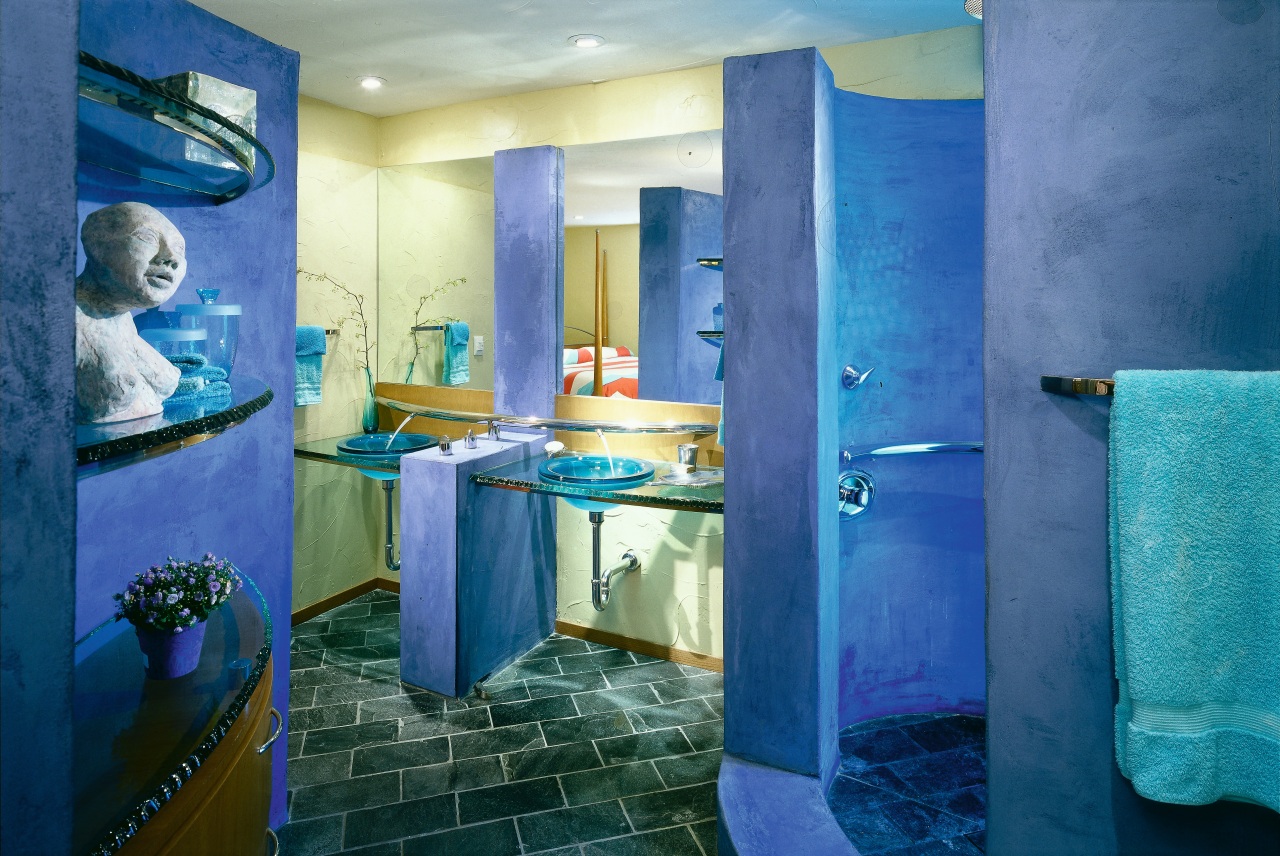 A creative bathroom bathroom, blue, interior design, public toilet, purple, room, wall, blue