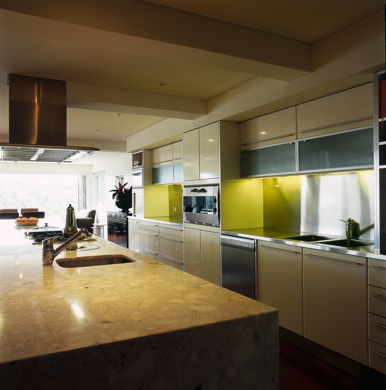 A view of kitchen area made from stainless countertop, interior design, kitchen, brown