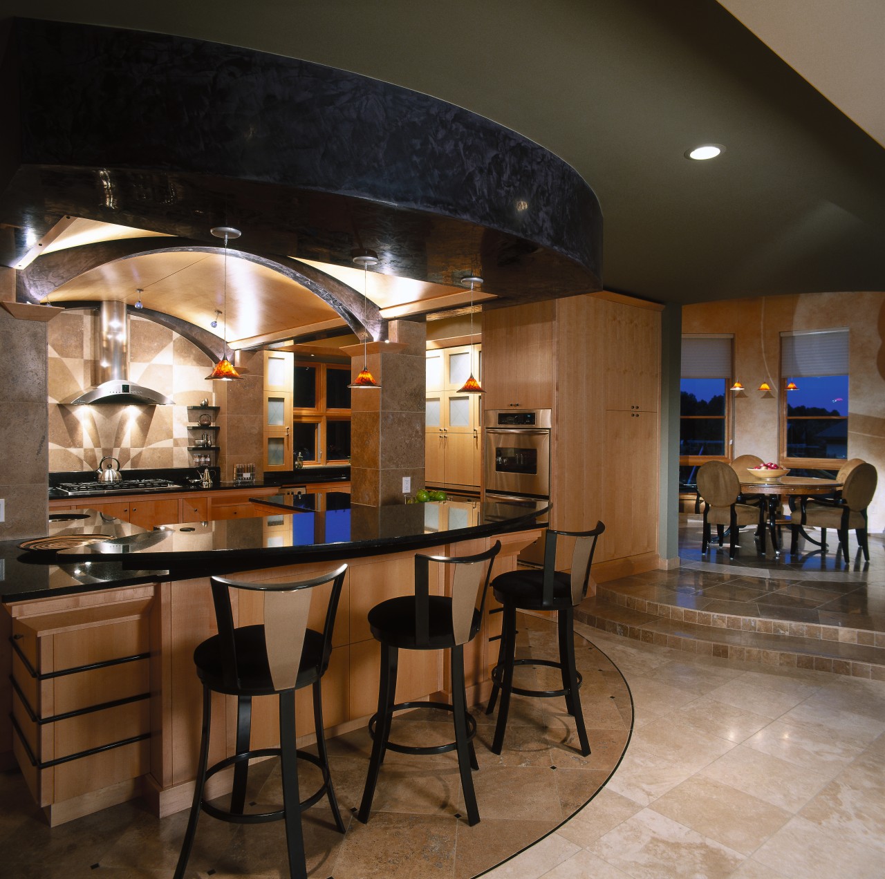 Low barrel vault ceiling with maple panels, and ceiling, countertop, interior design, kitchen, table, black, brown