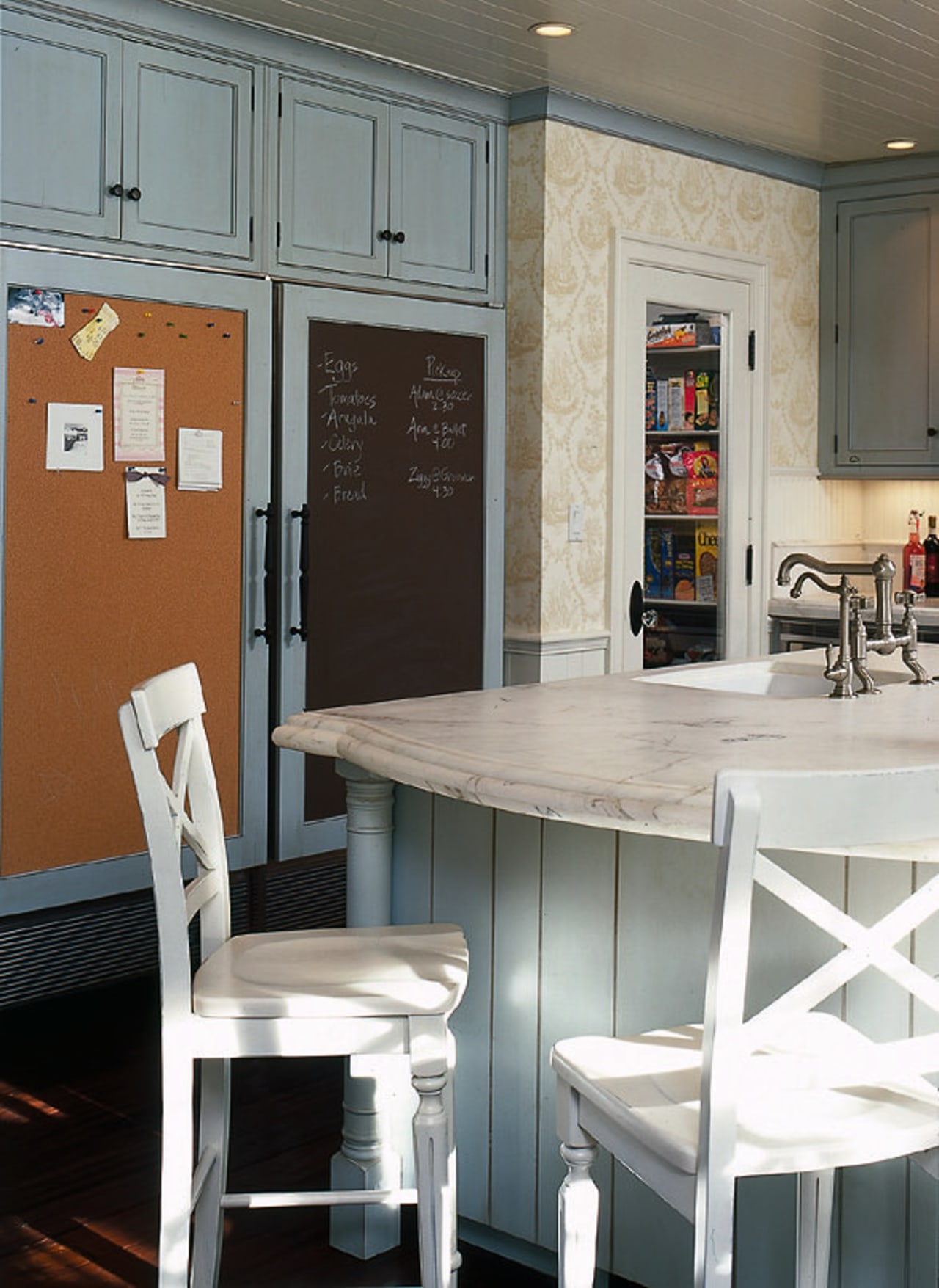 Classic Connecticut-style kitchen with elements of French chic chair, countertop, dining room, floor, furniture, interior design, kitchen, room, table, wall, gray