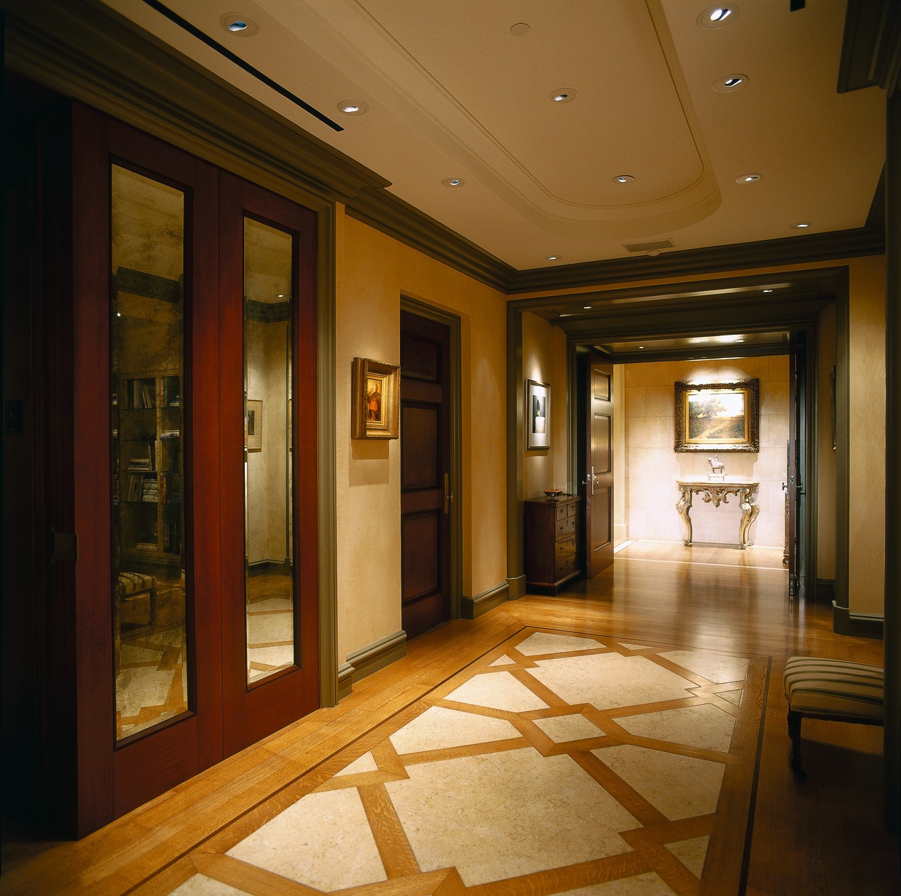 View of this hallway ceiling, flooring, interior design, lobby, tourist attraction, brown, black