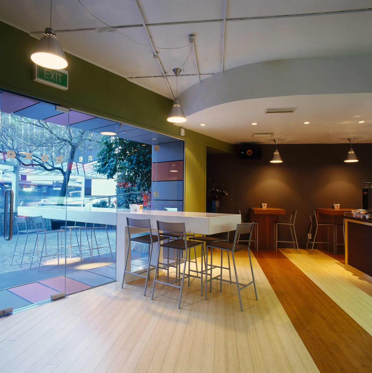 Interior of noodle bar with contrasting timber floor, architecture, ceiling, daylighting, floor, flooring, interior design, real estate, table, wall, wood, wood flooring, gray, brown