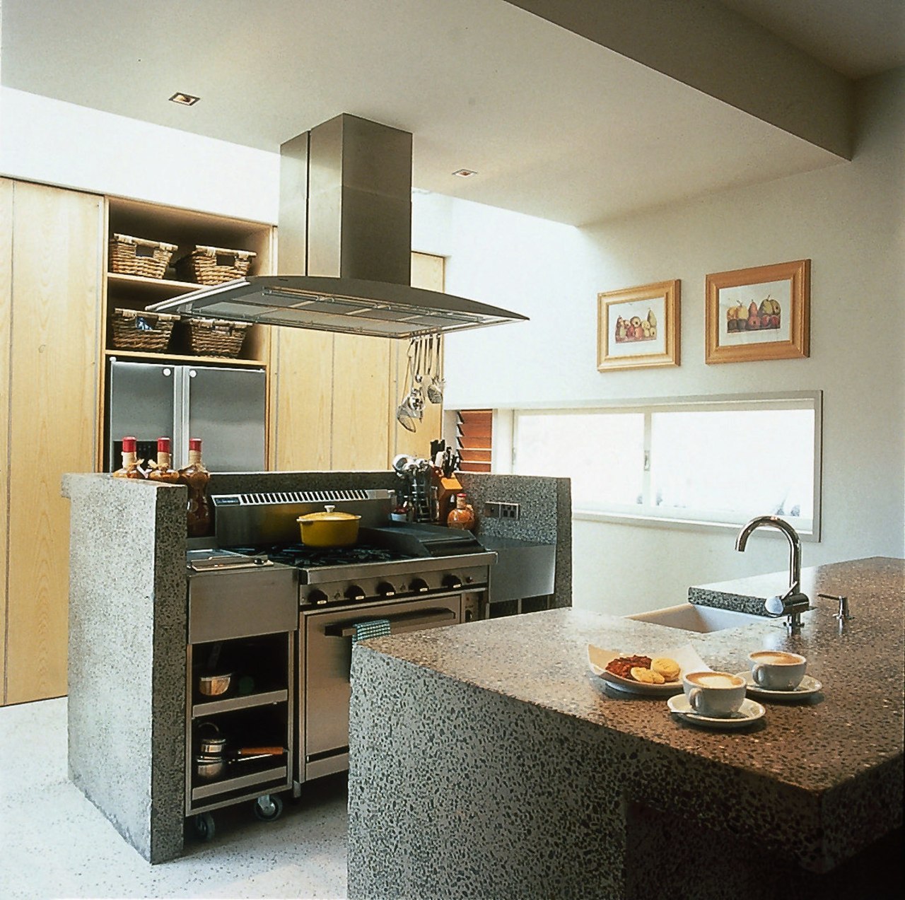 View of a kitchen with concrete benchtops cabinetry, countertop, cuisine classique, interior design, kitchen, room