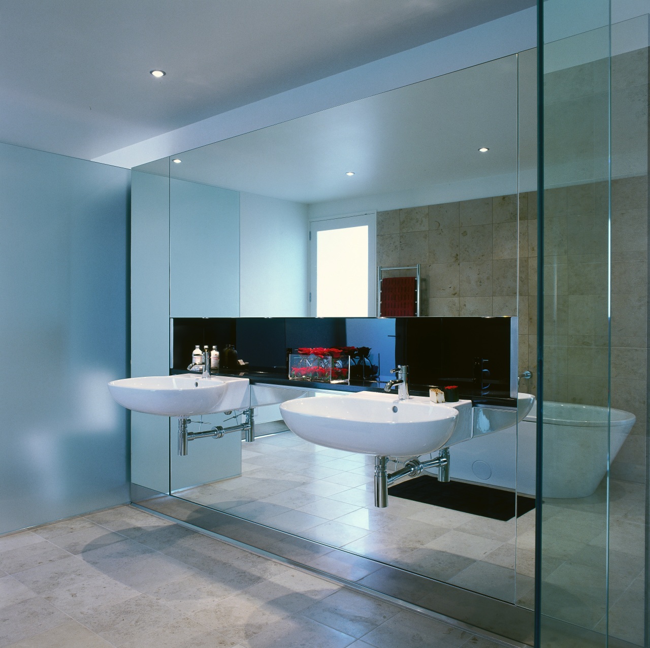 View of the bathroom's basins architecture, bathroom, ceiling, floor, flooring, glass, interior design, room, sink, gray, teal