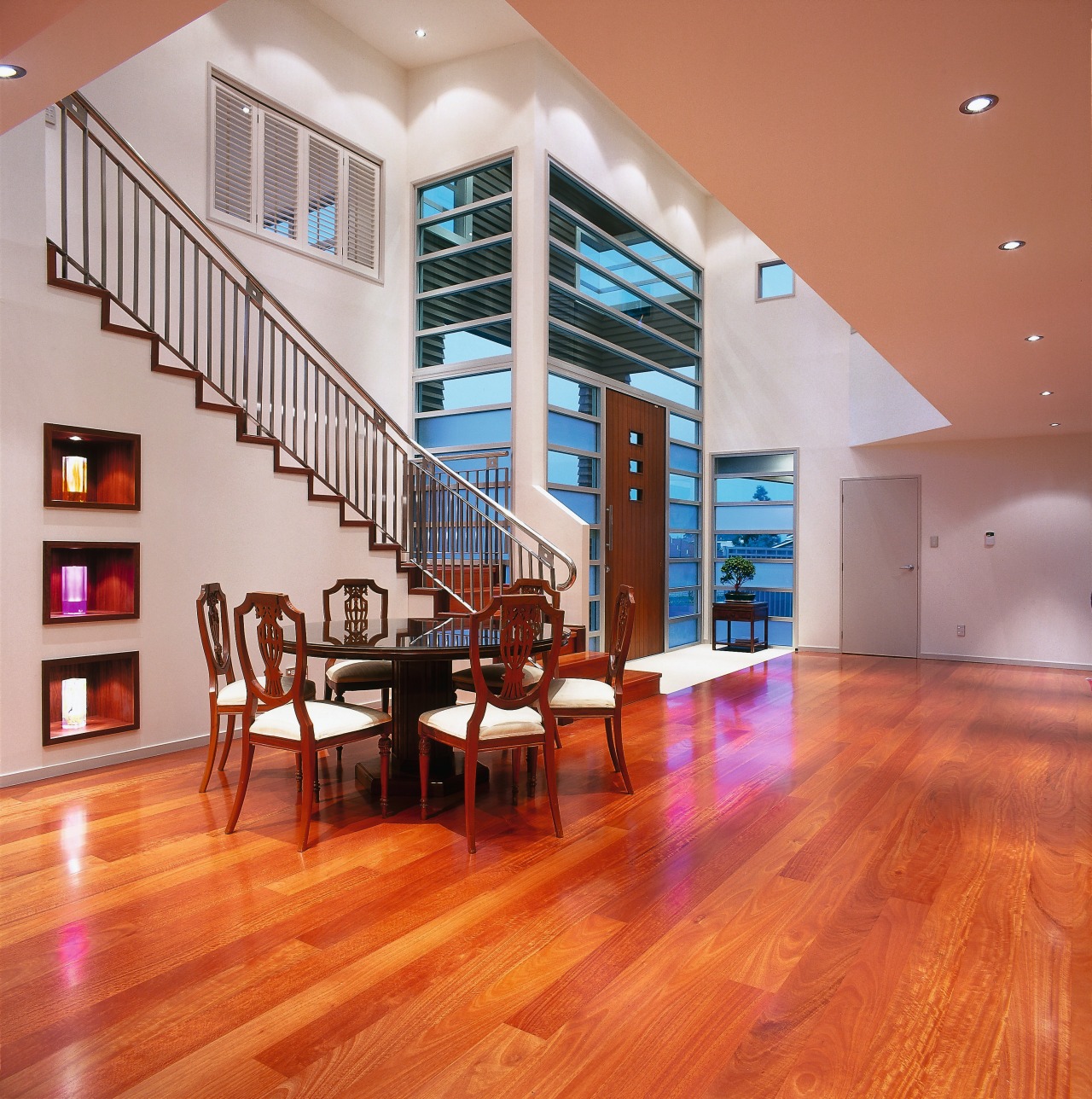 View of the interior side of the entrance apartment, ceiling, estate, floor, flooring, hardwood, interior design, laminate flooring, living room, lobby, loft, real estate, stairs, wood, wood flooring, red, gray