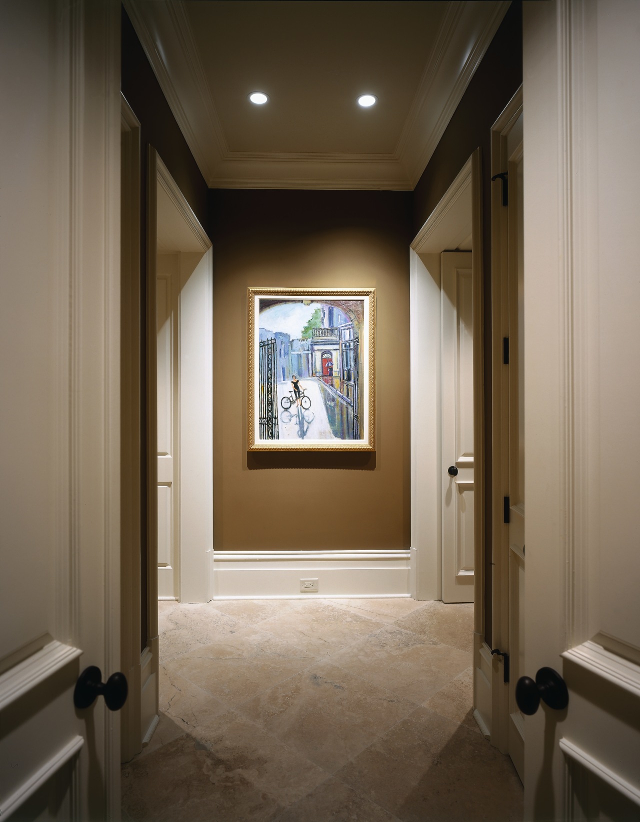 view of the hall ceiling, door, floor, flooring, home, house, interior design, lighting, room, wall, window, brown, gray