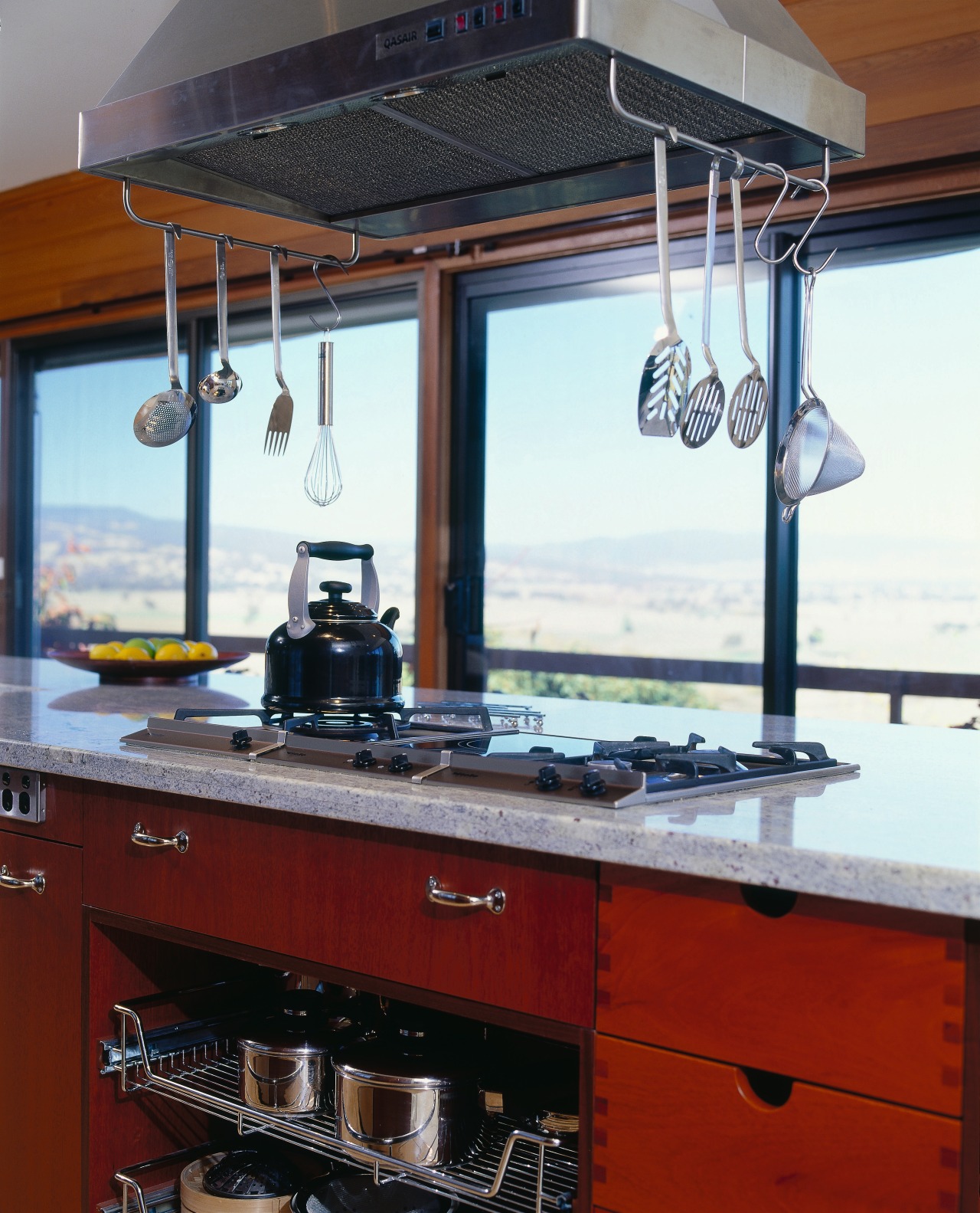 Kitchen island with timber cabinetry, granite benchtop, with countertop, interior design, kitchen, window, red