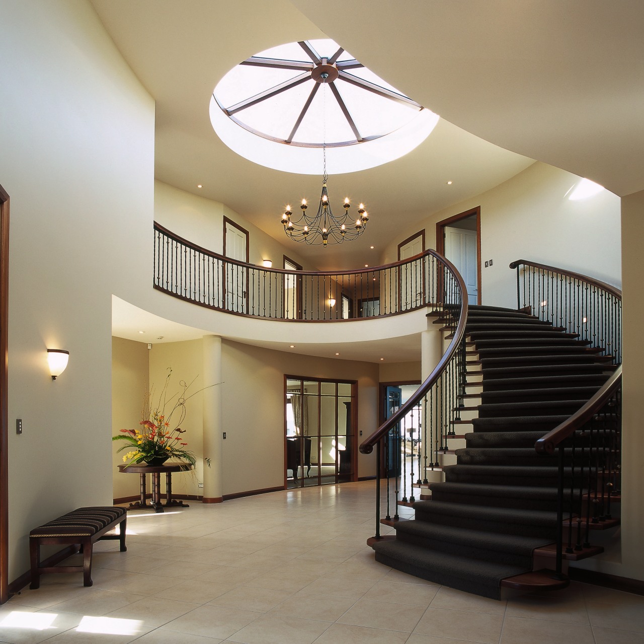 View of the stairway ceiling, daylighting, estate, flooring, handrail, interior design, lobby, property, real estate, stairs, gray