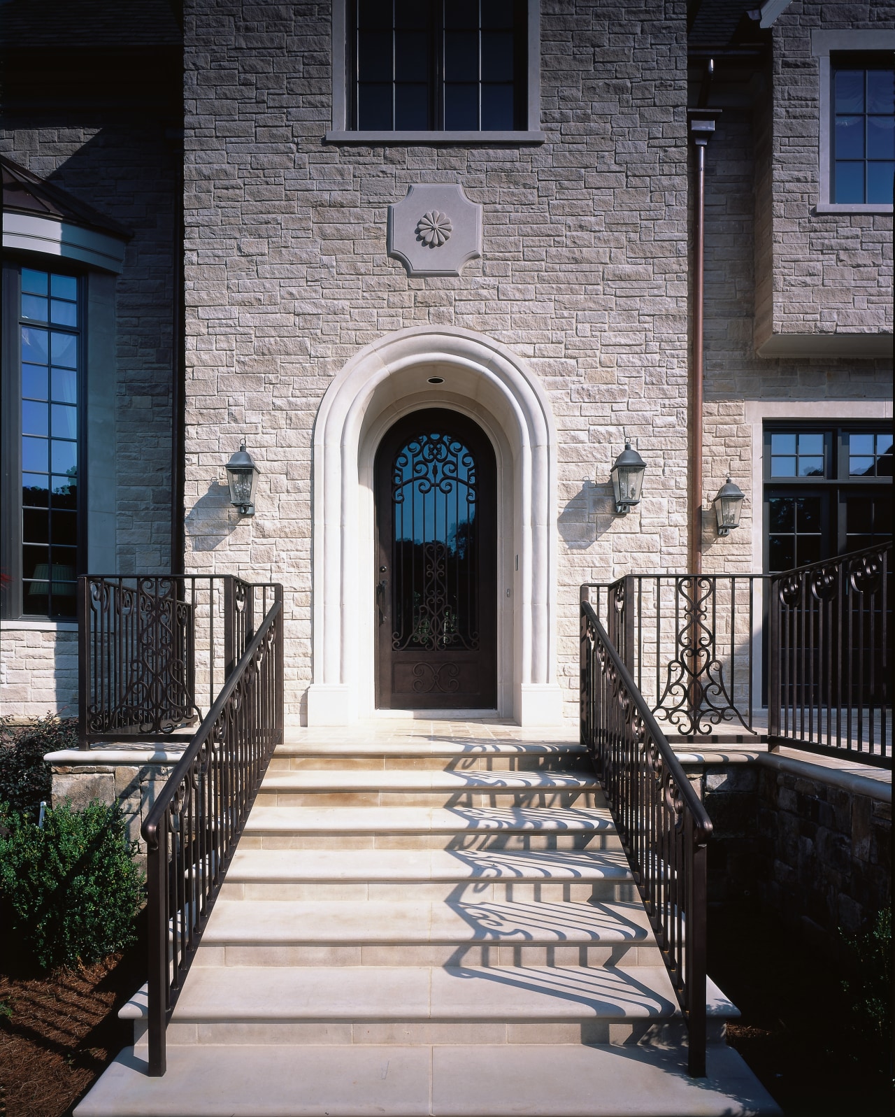 View of the entrance way architecture, baluster, brick, building, door, estate, facade, handrail, home, house, iron, porch, real estate, residential area, stairs, structure, walkway, wall, window, black