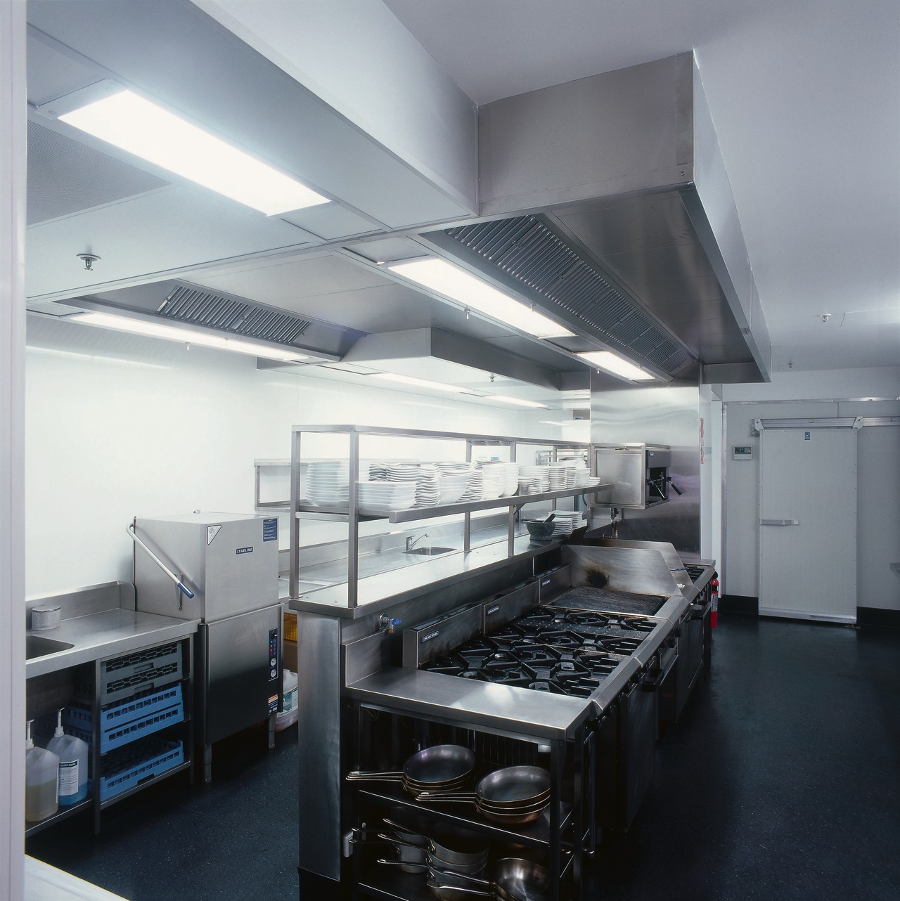 View of this hospitality kitchen kitchen, gray, black