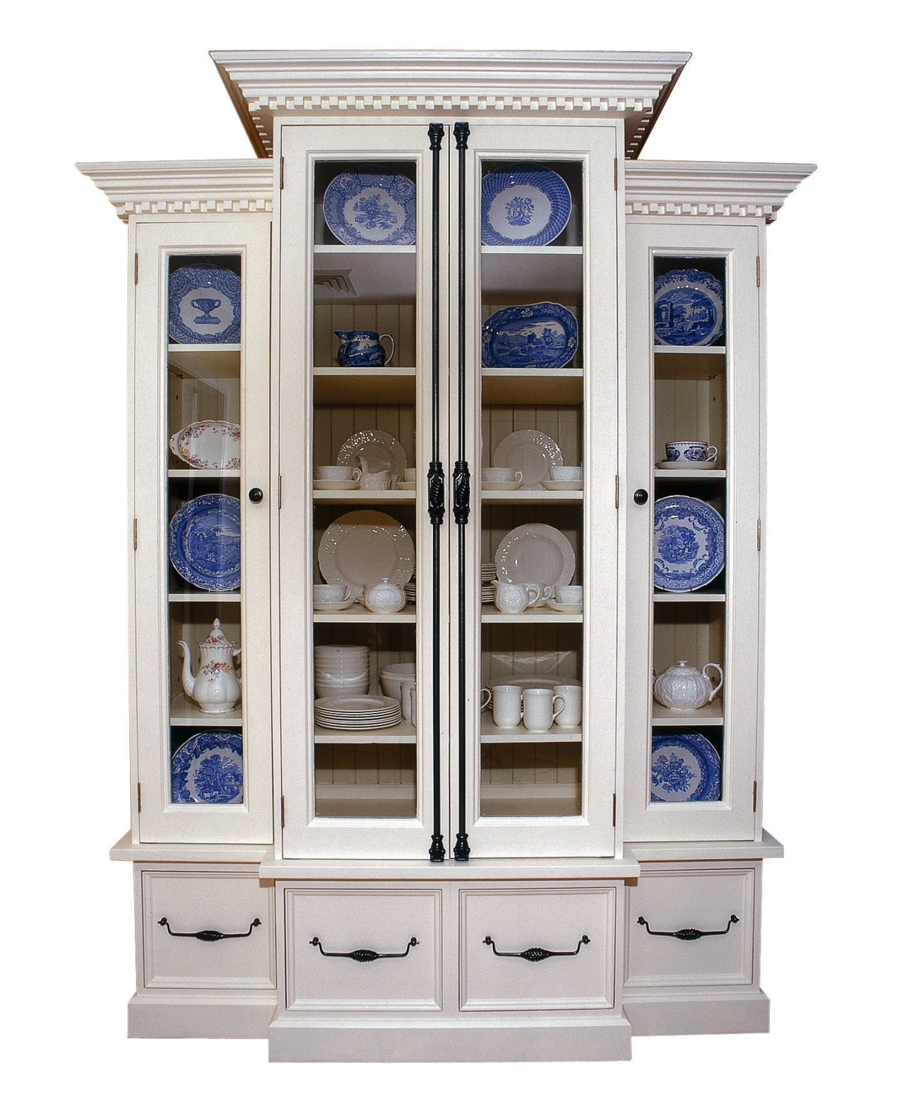 A photograph of a large cabinet with chinaware china cabinet, cupboard, display case, furniture, shelving, white