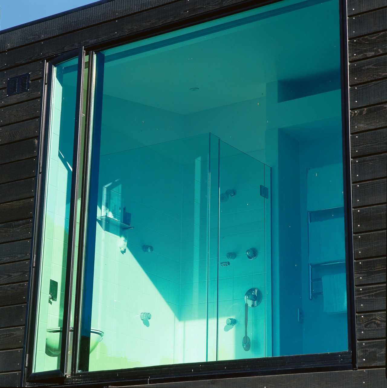 View of a window architecture, blue, daylighting, door, facade, glass, house, window, teal, black