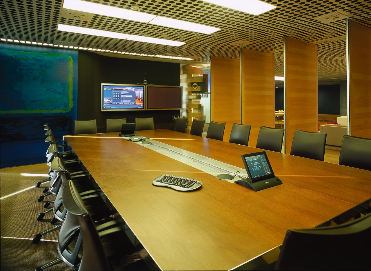 Large timber meeting room table with chairs, large auditorium, conference hall, interior design, office, brown, black