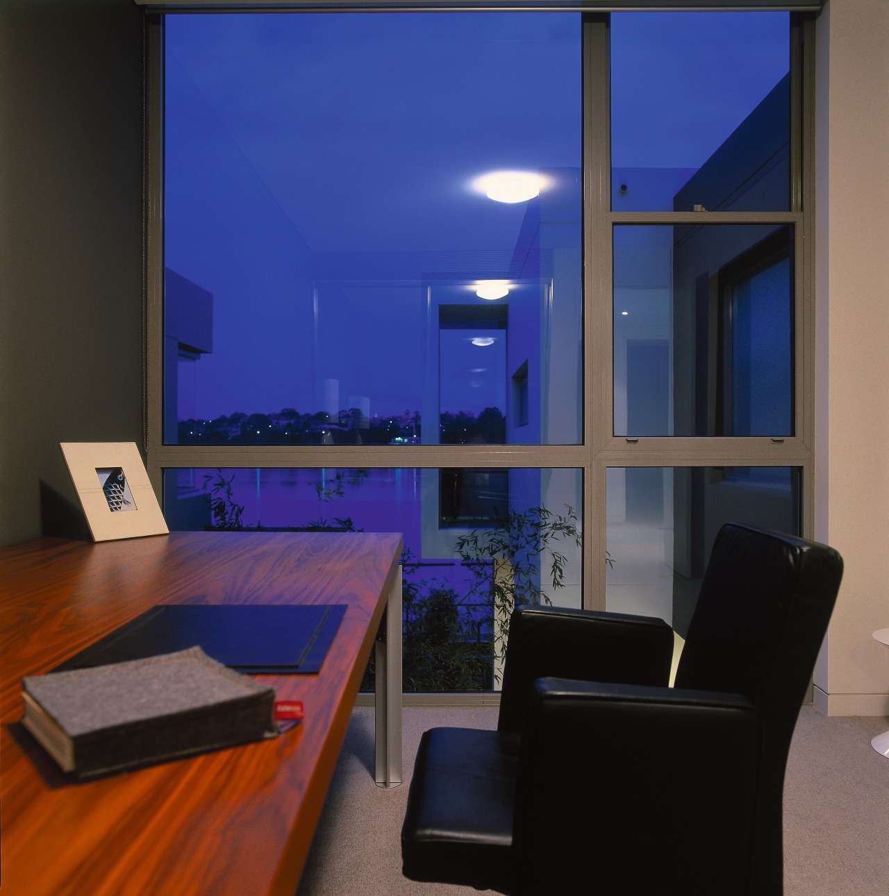 View of the study architecture, blue, ceiling, home, house, interior design, lighting, living room, real estate, room, table, wall, window, blue, black