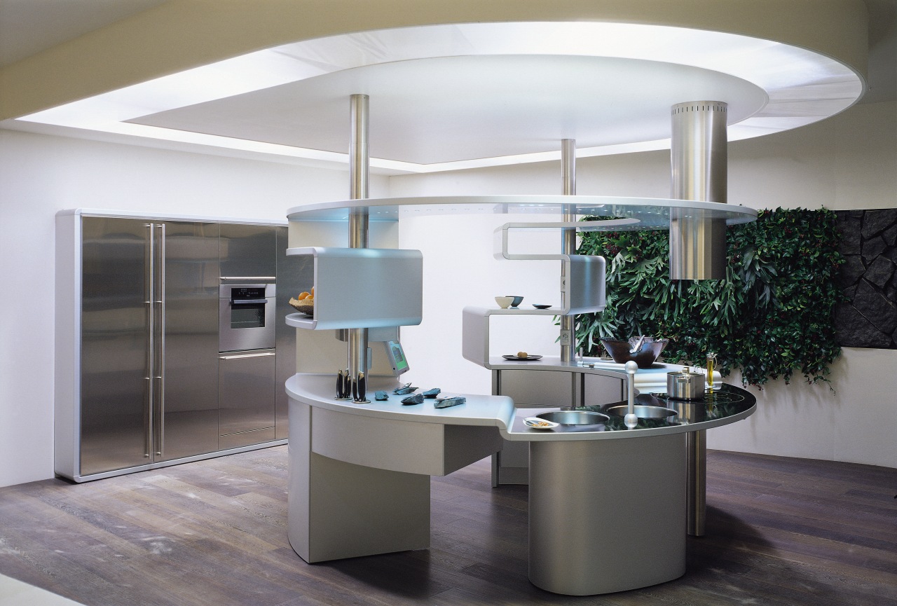 View of this contemporary kitchen ceiling, furniture, interior design, light fixture, product design, table, gray, white