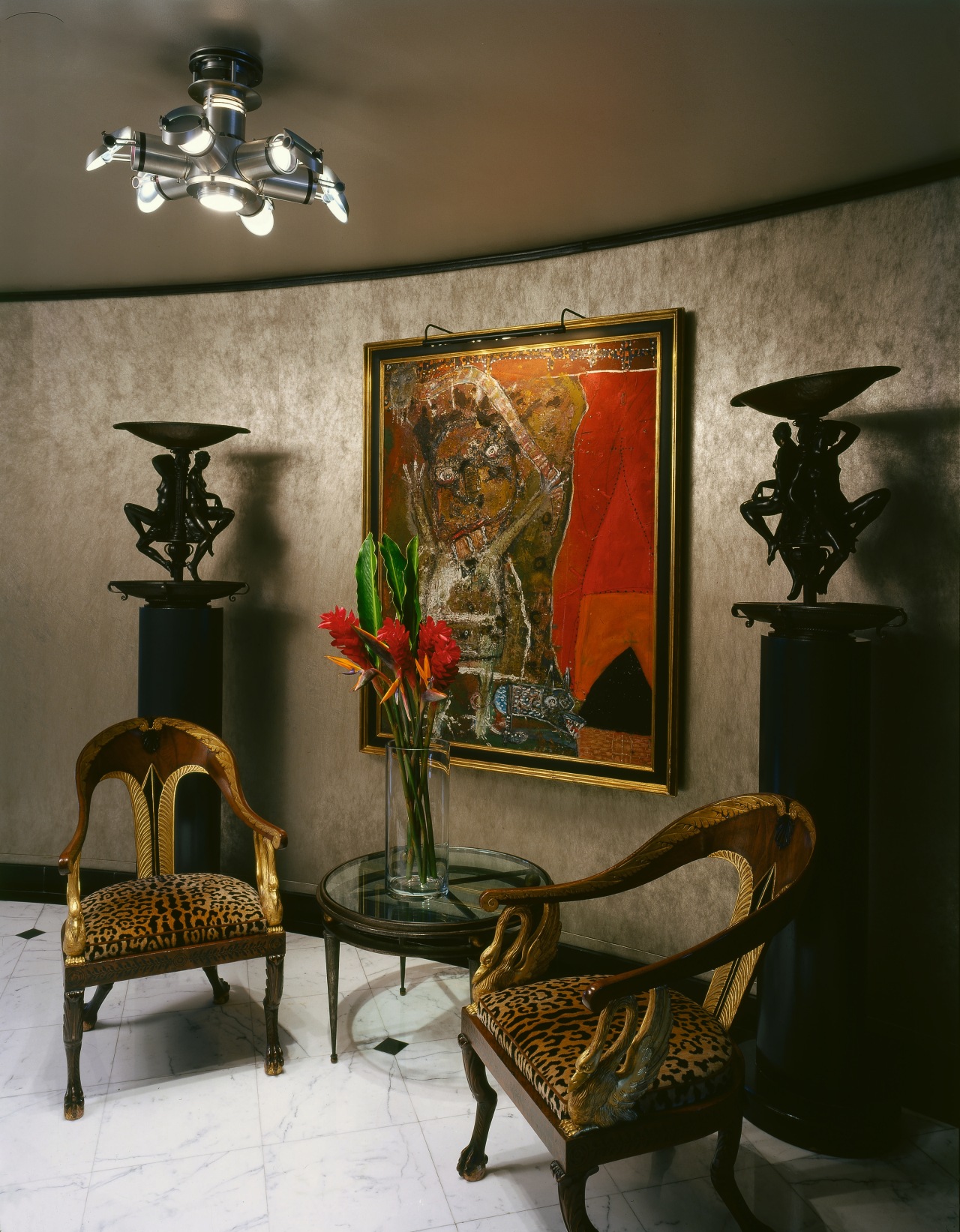 View of seating area with chairs, small table, furniture, home, interior design, living room, room, still life, table, wall, brown, black