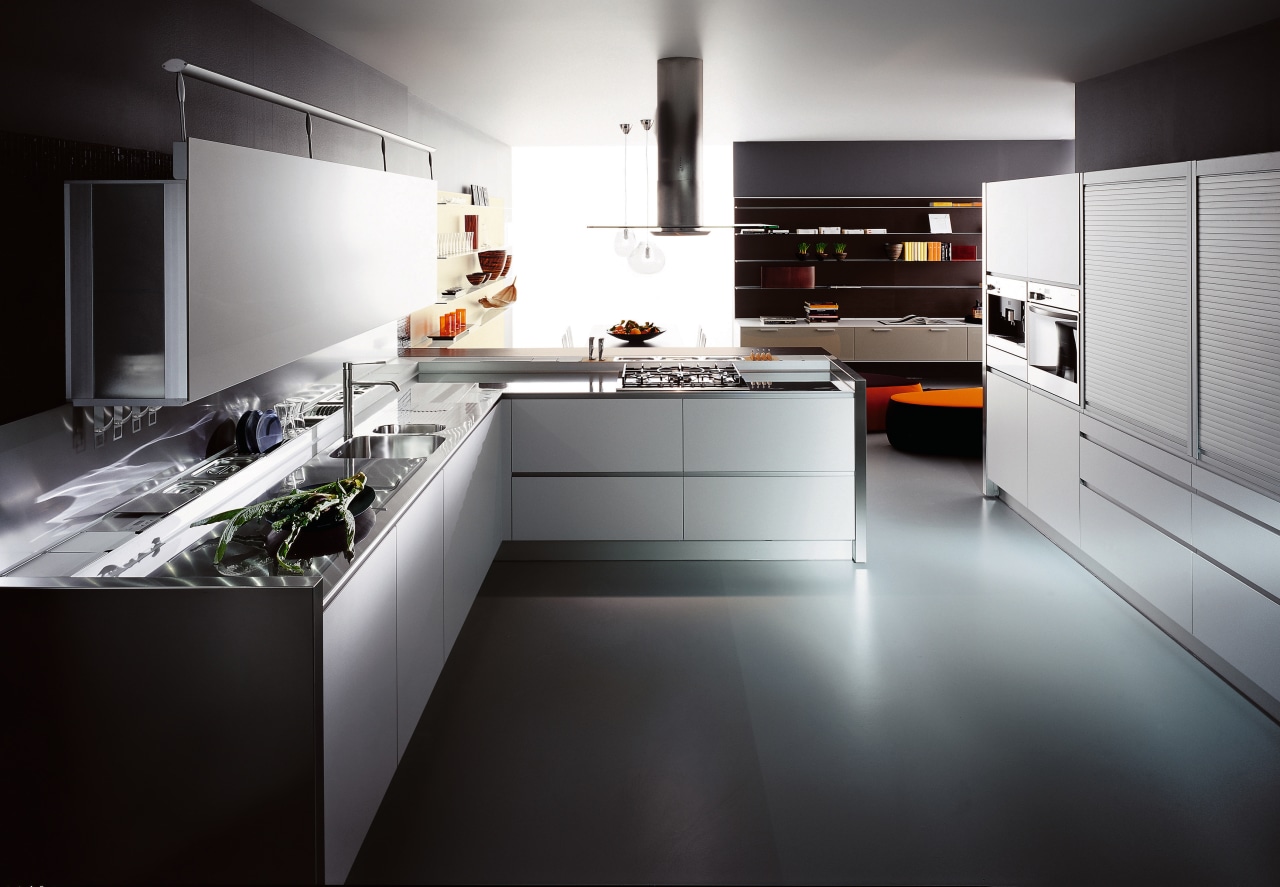 View of this contemporary kitchen countertop, cuisine classique, interior design, kitchen, product design, room, black, gray