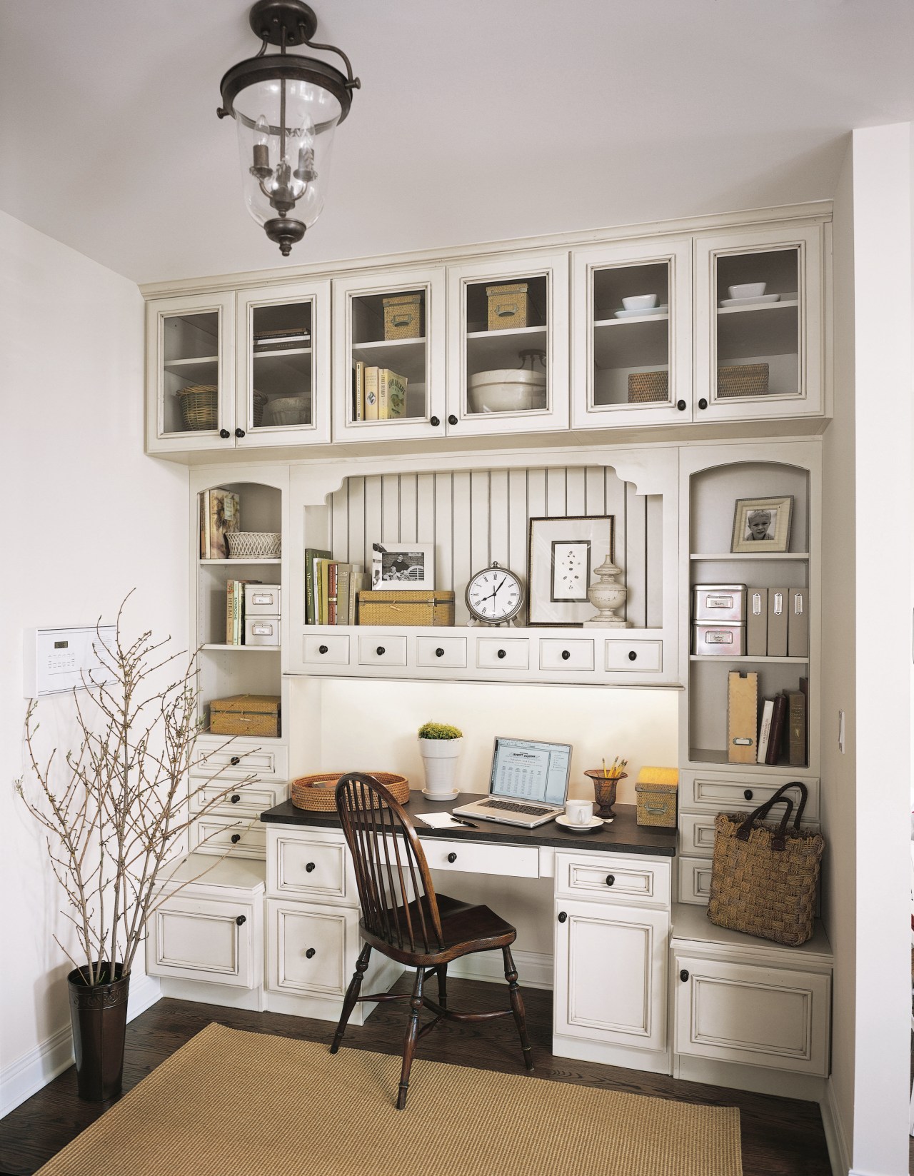 View of the desk area containing the cabinetry bookcase, cabinetry, ceiling, cuisine classique, furniture, home, interior design, living room, shelf, shelving, wall, white