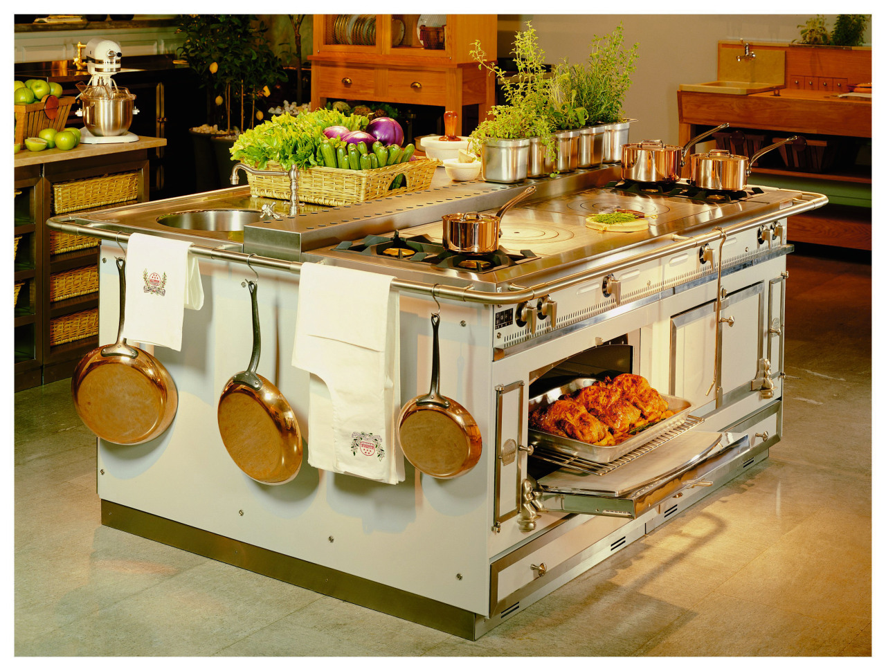 View of this kitchen island's appliances countertop, furniture, kitchen, kitchen appliance, kitchen stove, brown